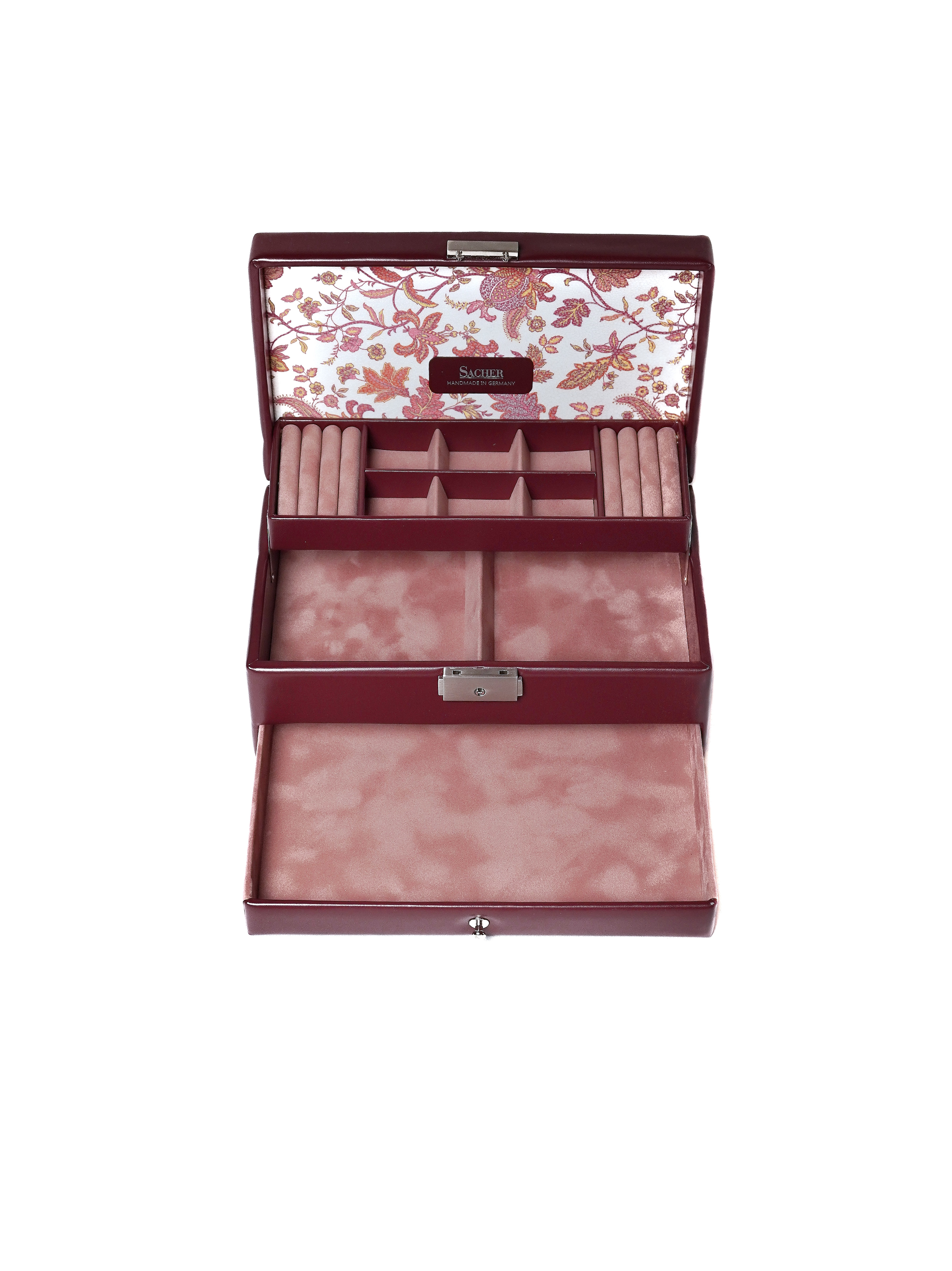 Jewellery organizer in red PU leather with lock by Sacher | handmade in Germany
