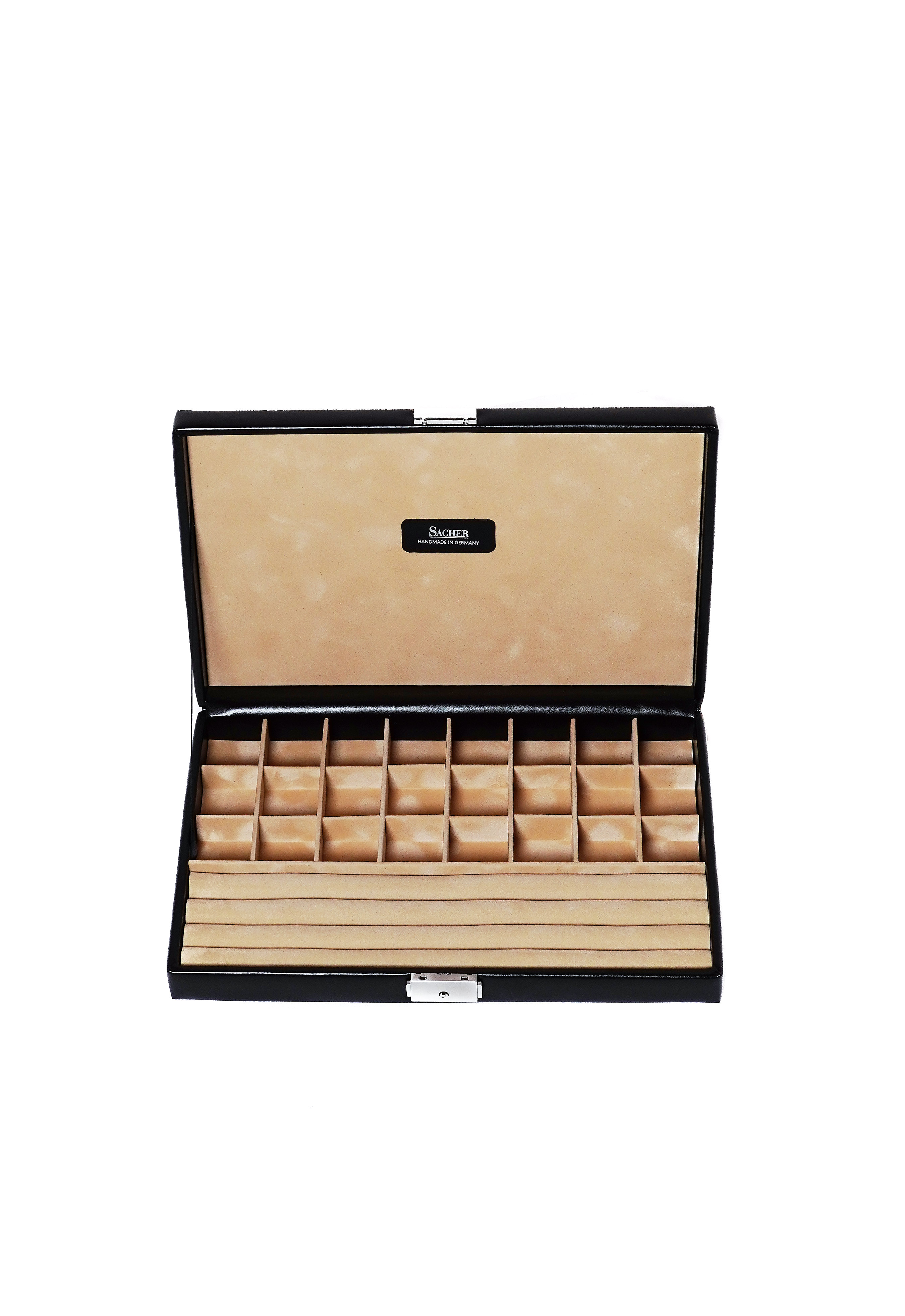 Ring and earring box in black leather with lock by Sacher | handmade in Germany