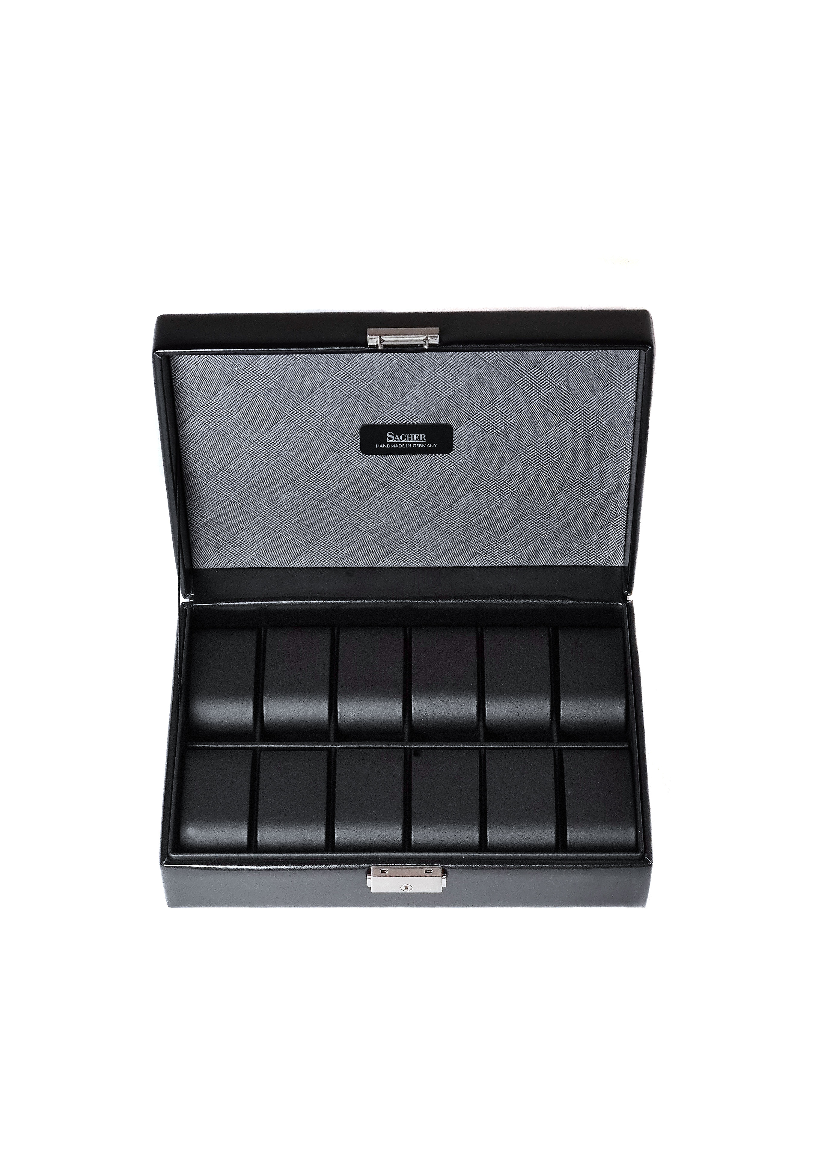 12 slots watch box in glossy black synthetic leather with lock by Sacher | handmade in Germany