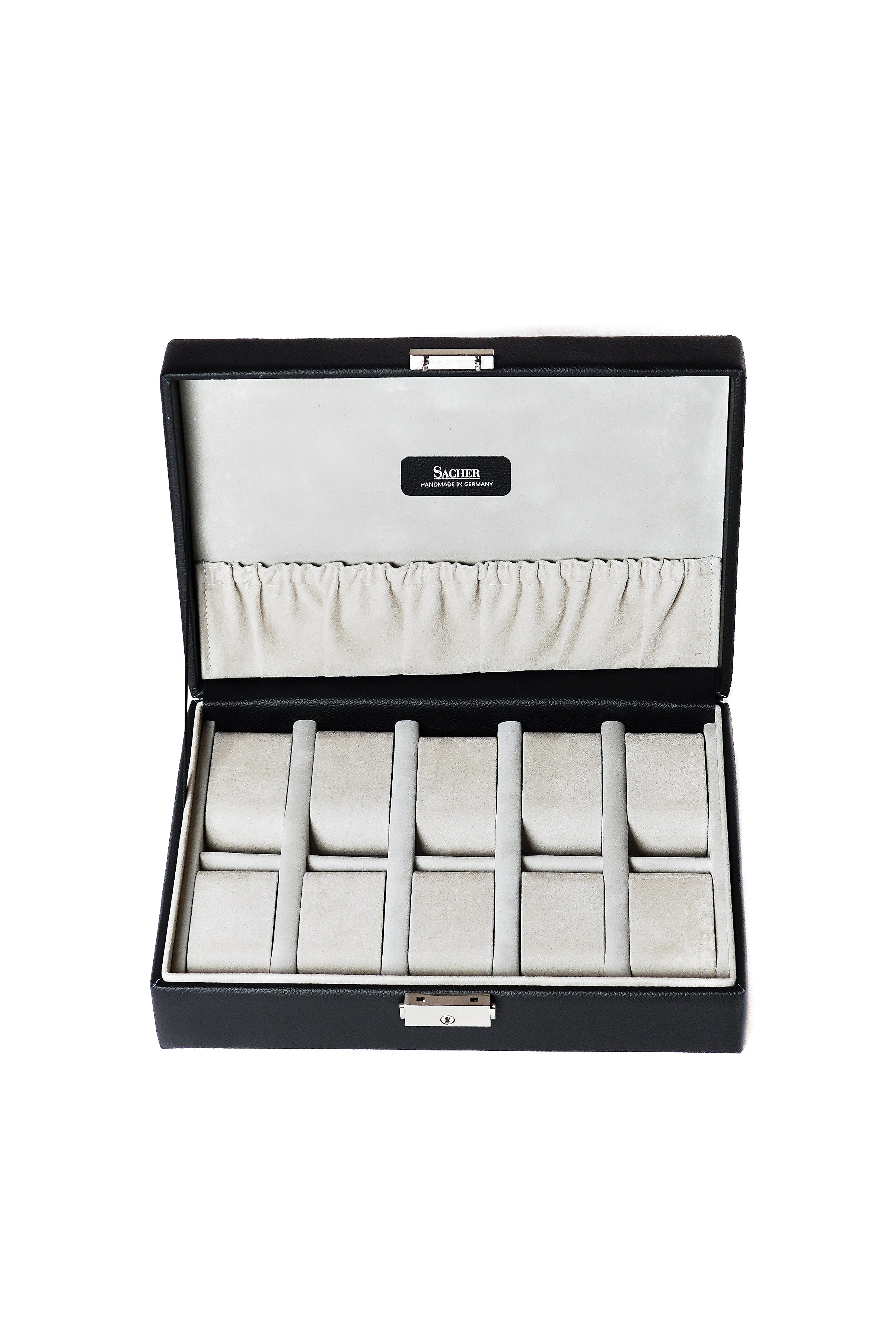 10 slots watch box in black textured leather with lock by Sacher | handmade in Germany