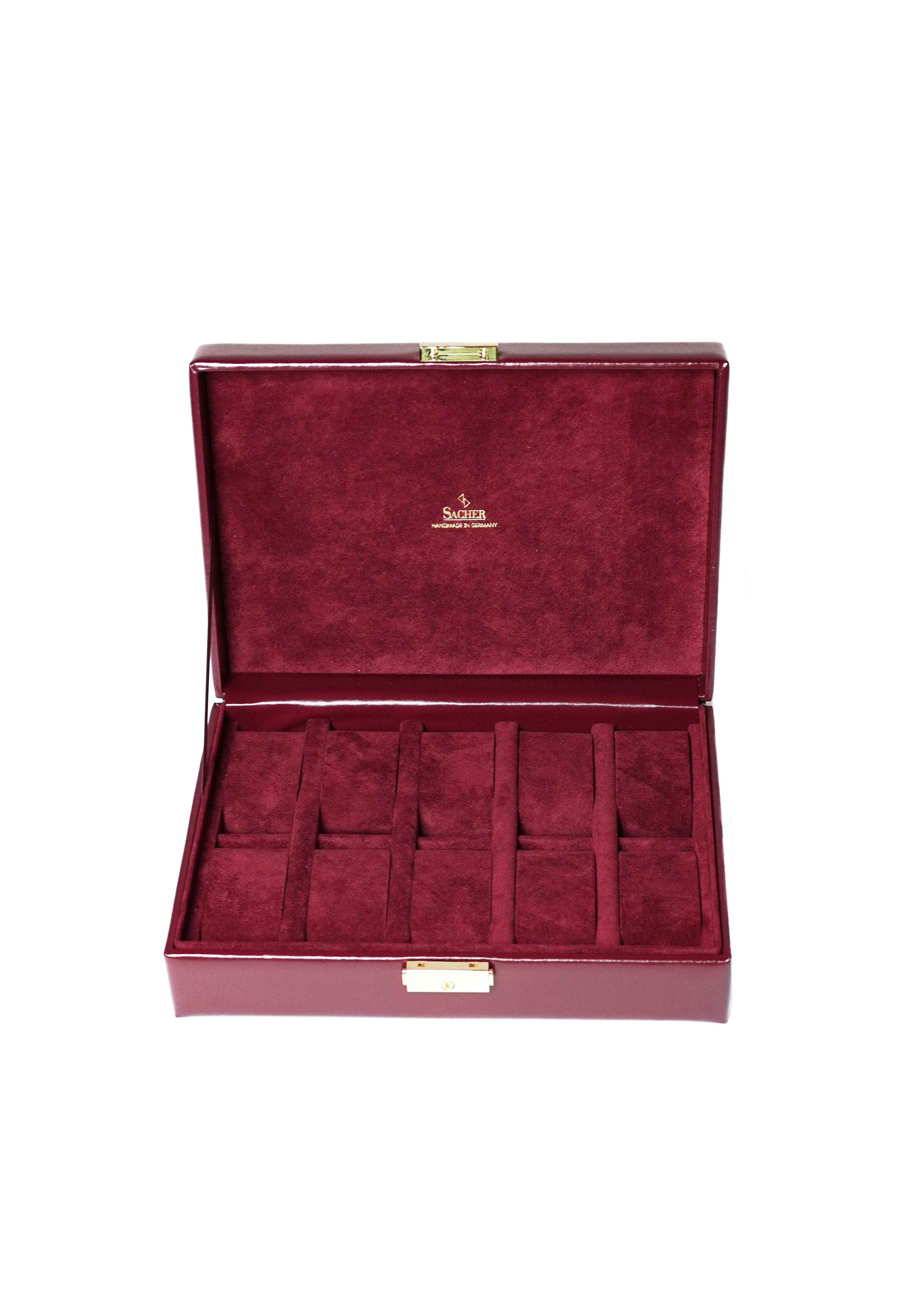 10 slots watch box in red | navy leather with lock by Sacher | handmade in Germany