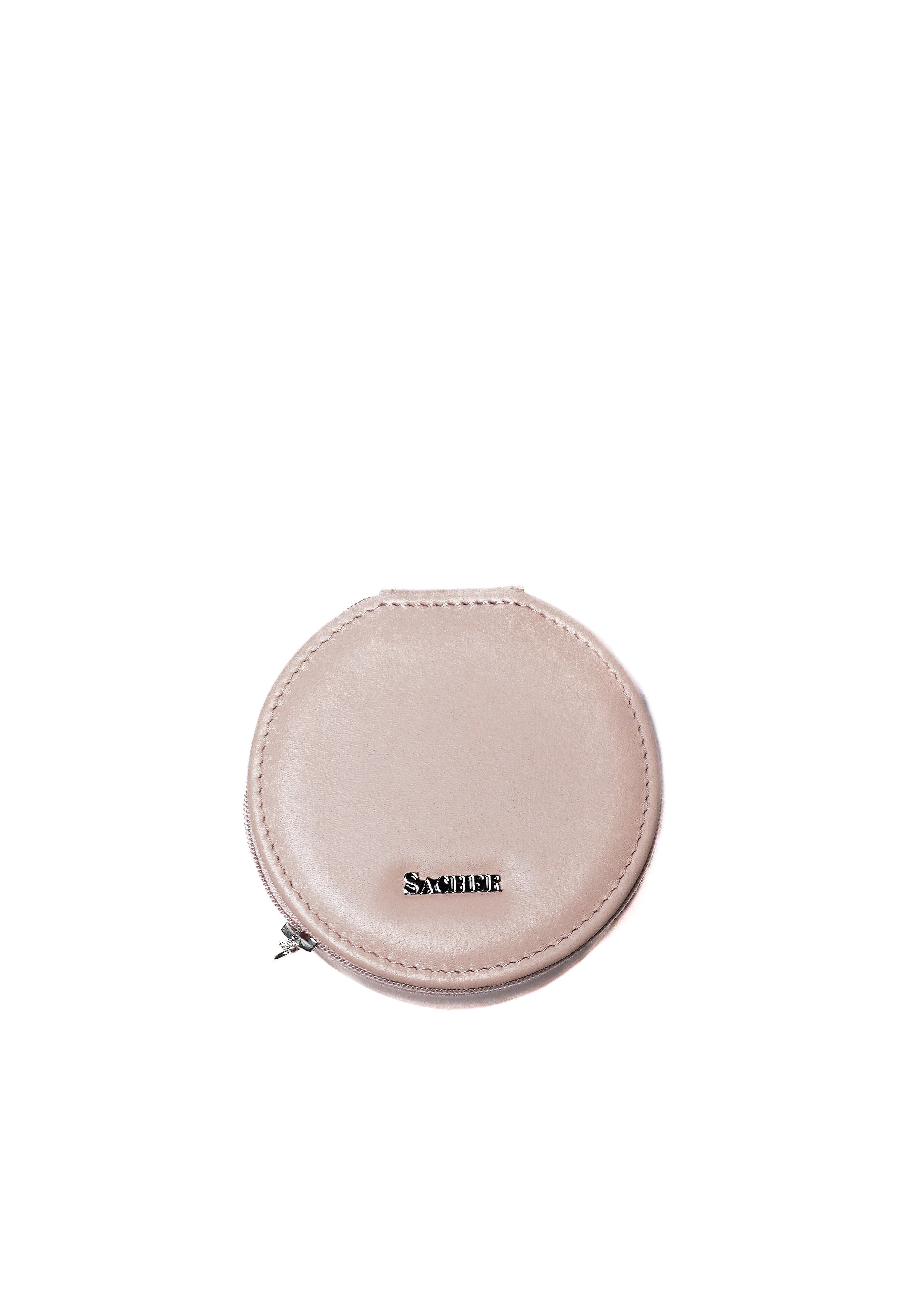 Round jewellery holder in pink | sand | navy leather with zip by Sacher | handmade in Germany