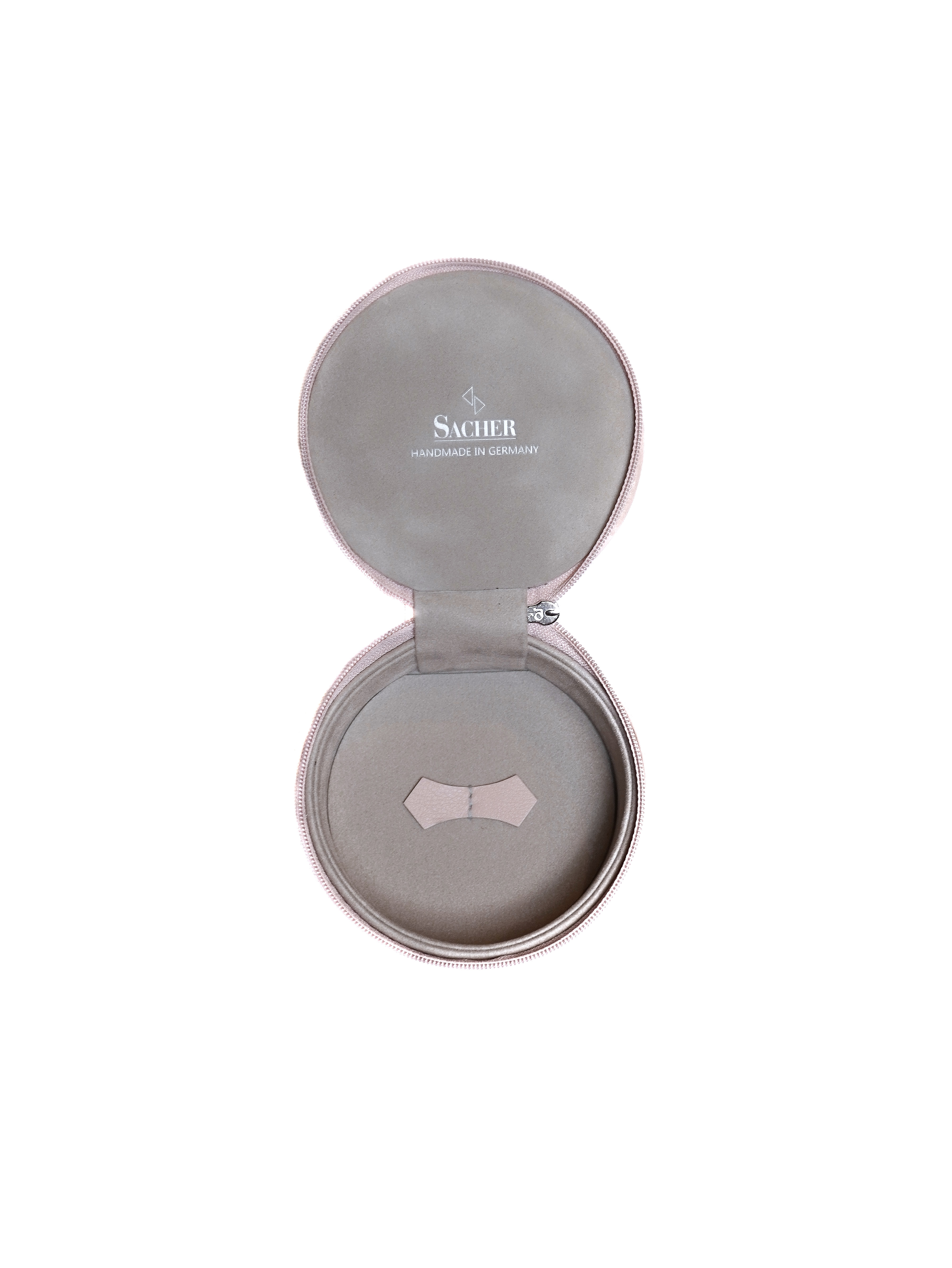 Round jewellery holder in pink | sand | navy leather with zip by Sacher | handmade in Germany