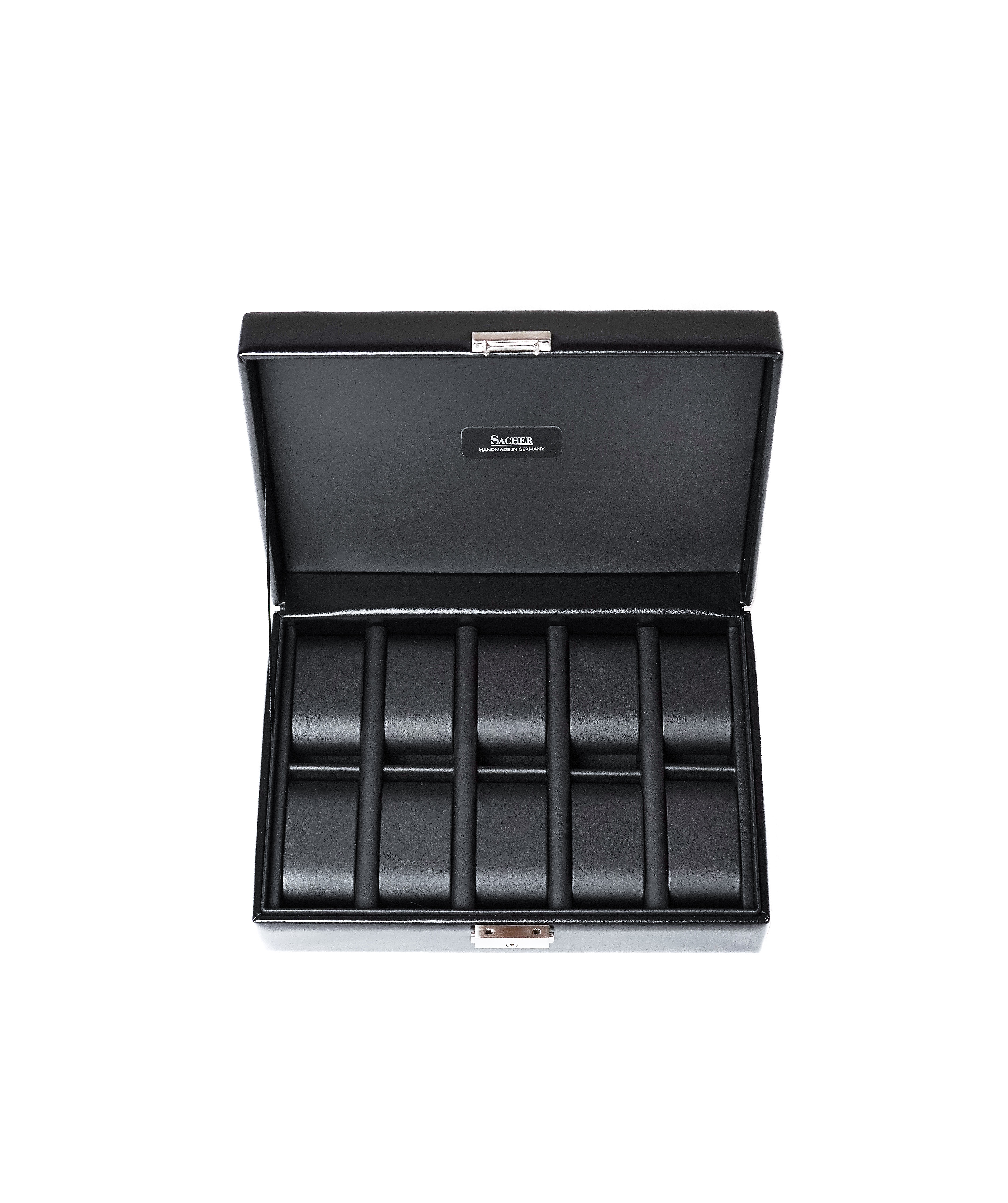 10 slots watch box in black leather with lock by Sacher | handmade in Germany