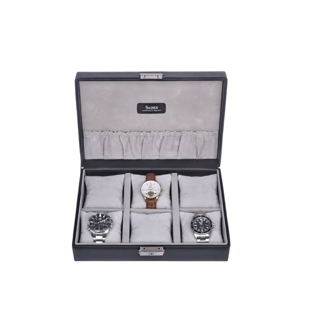 6 slots watch box in black textured leather | with cushions and lock | Sacher | handmade in Germany