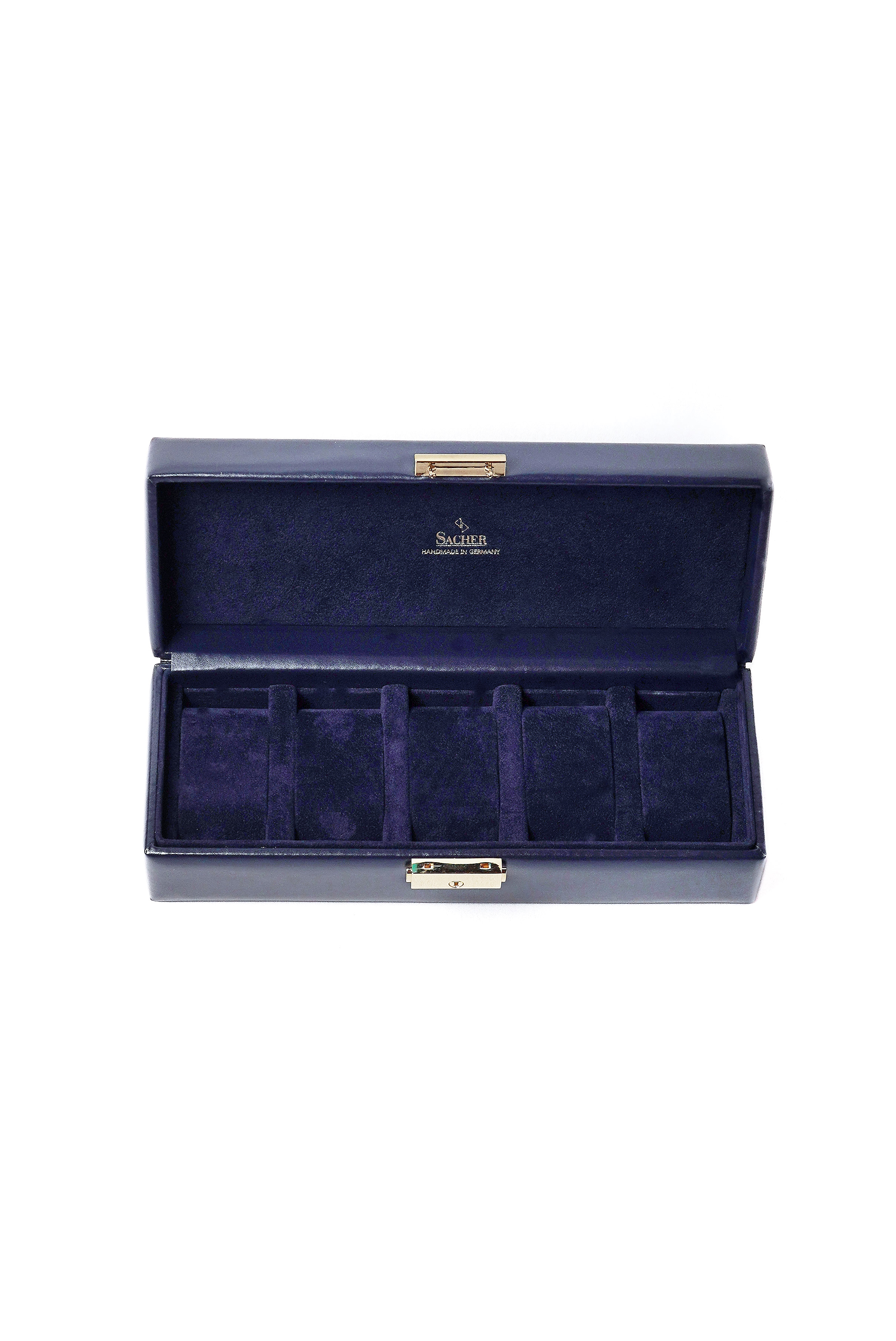 5 slots watch box in navy leather with lock by Sacher | handmade in Germany