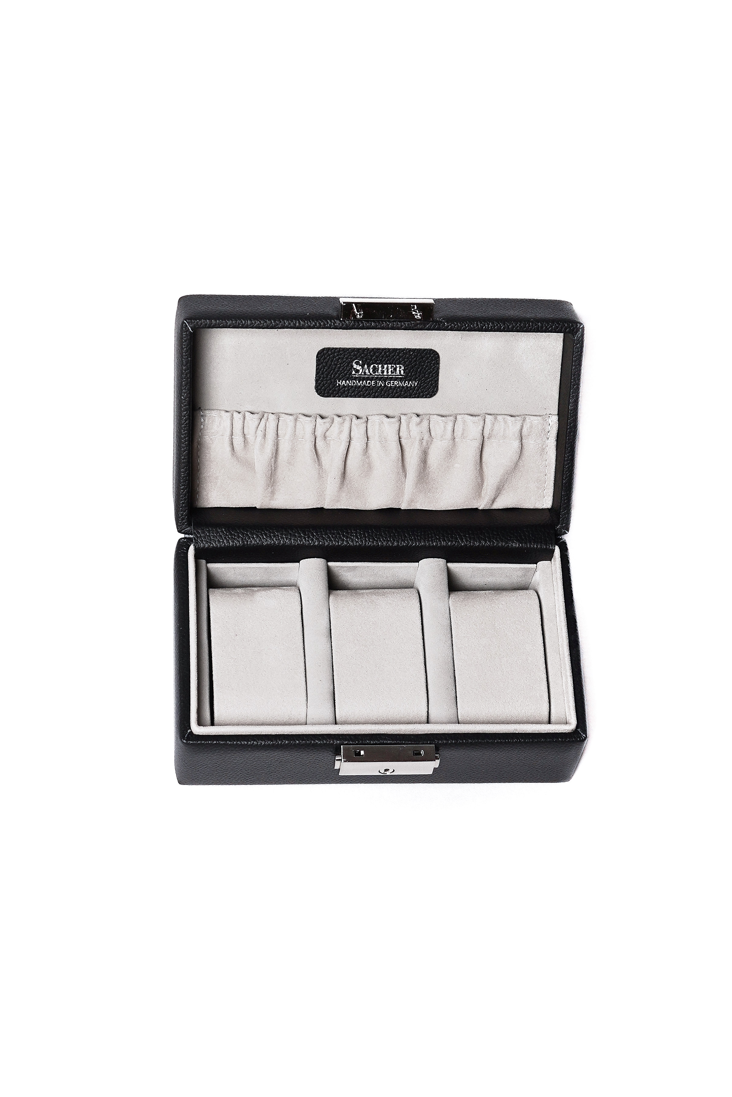3 slots watch box in black textured leather with lock by Sacher | handmade in Germany
