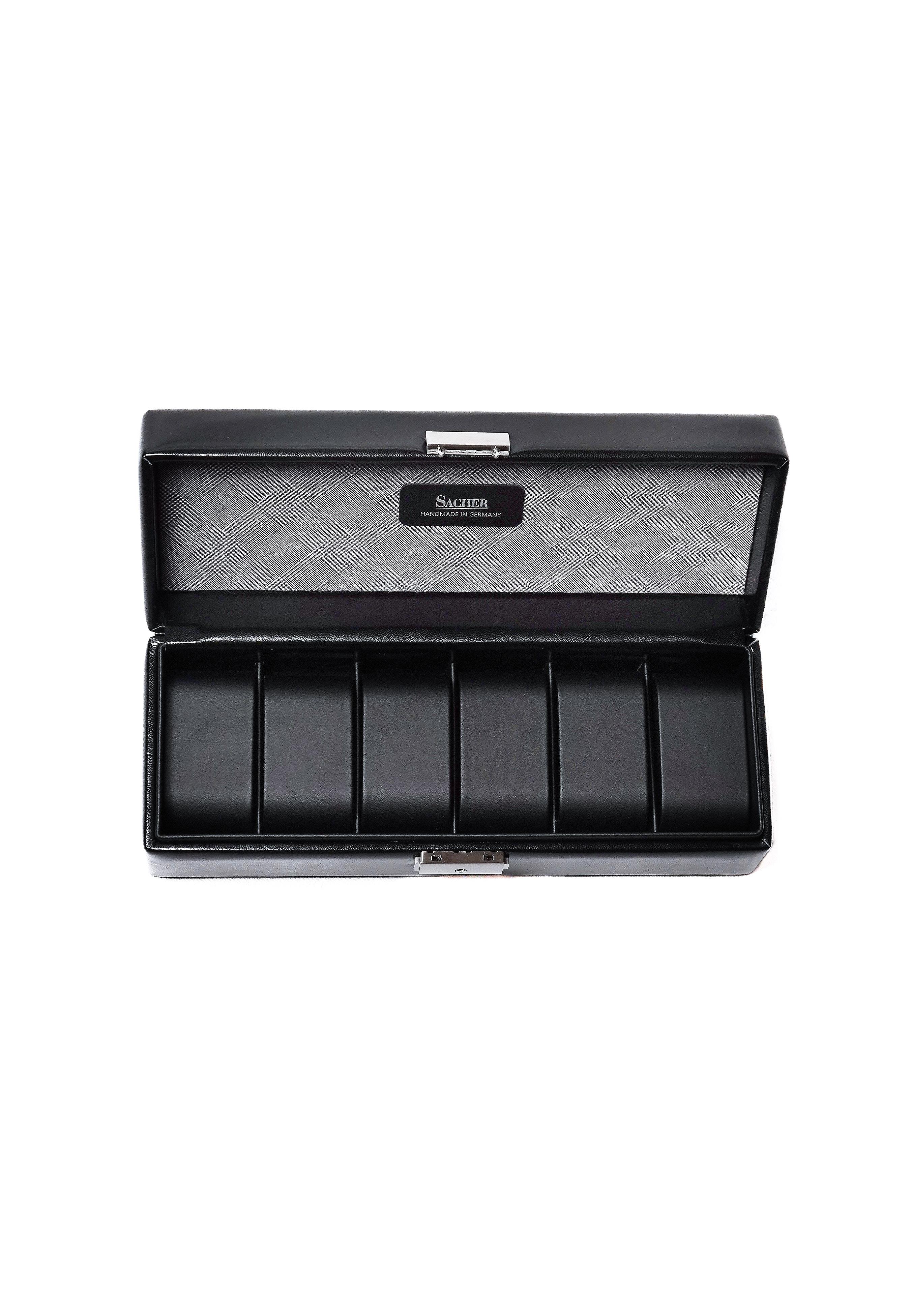 6 slots watch box in glossy black synthetic leather with lock by Sacher | handmade in Germany