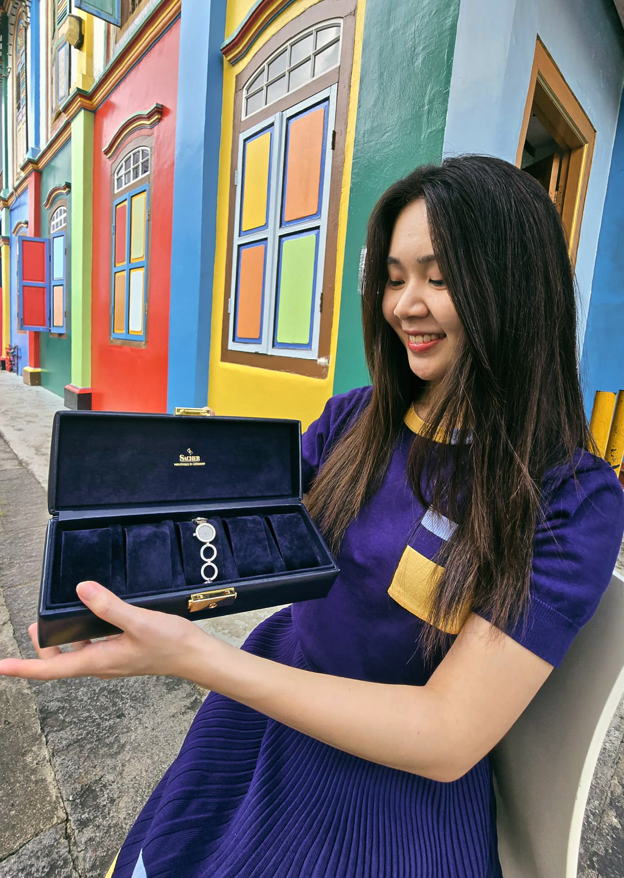 5 slots watch box in navy leather with lock by Sacher | handmade in Germany