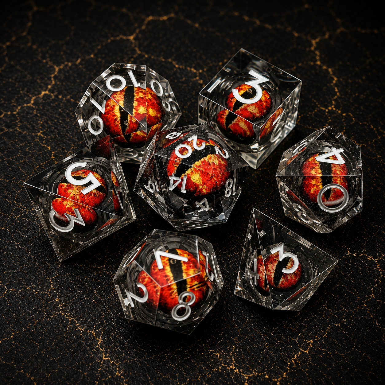 Set de dés JDR, Oeil de dragon rouge, liquide bille
