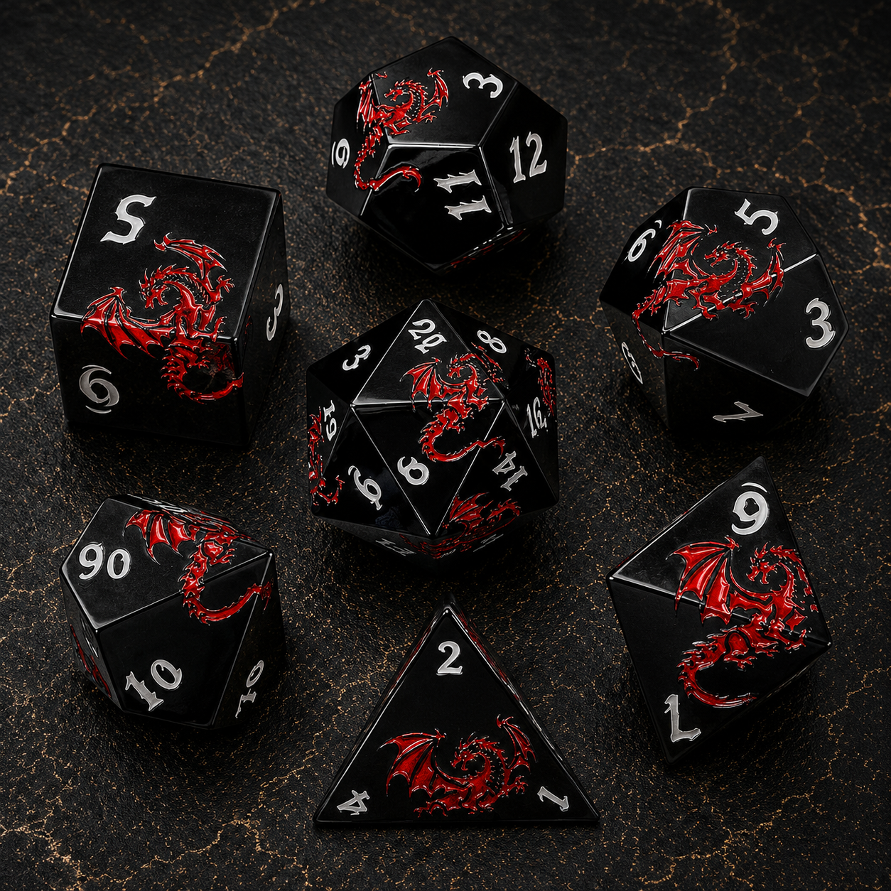 Set de dés dragons rouges sur fond noirs
