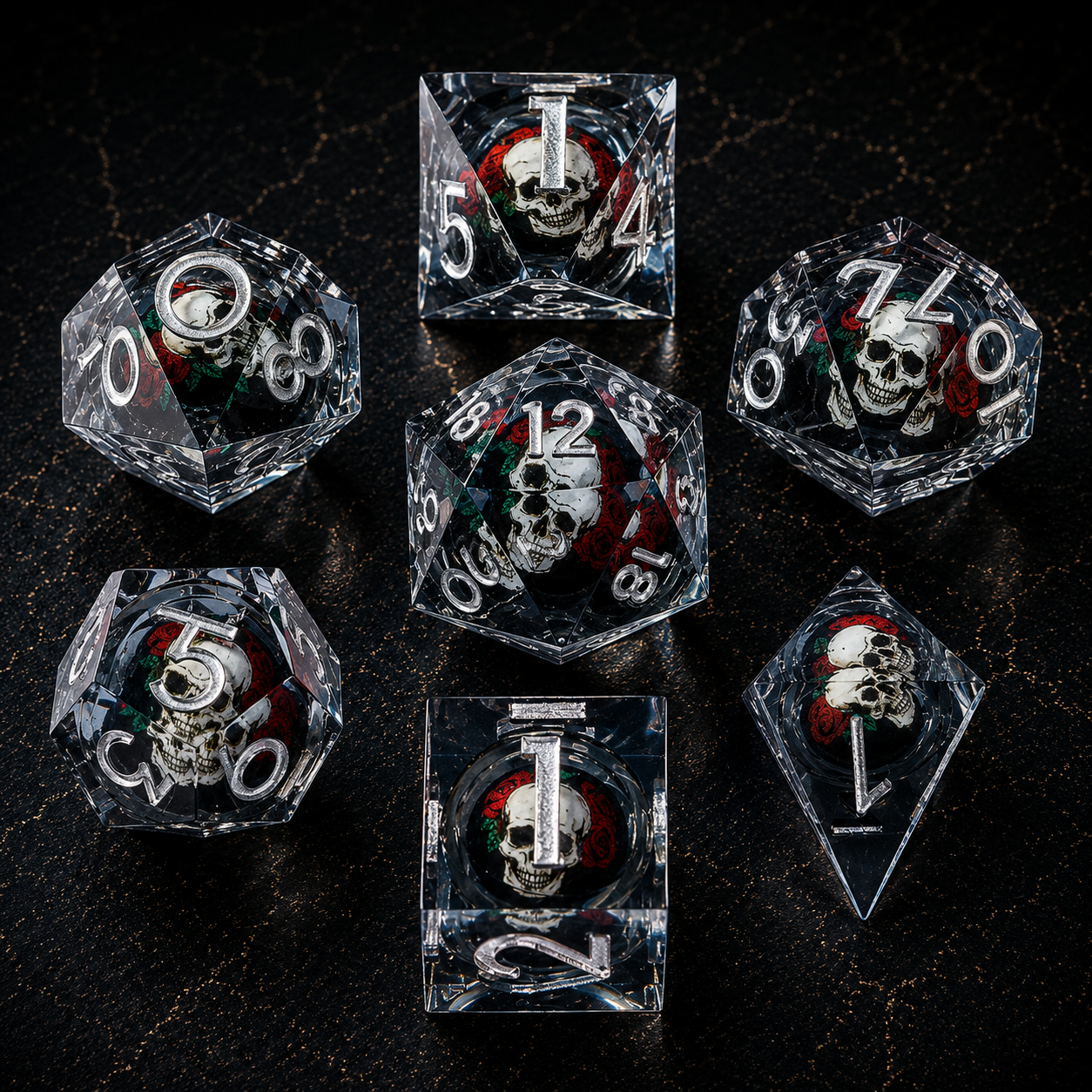 Set de dés de JDR en résine avec motif crâne et roses