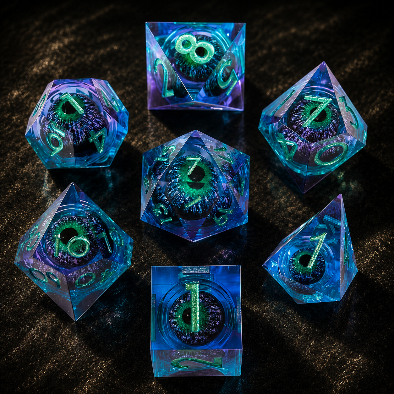 Set de dés JDR, Oeil de zombie bleu, liquide bille