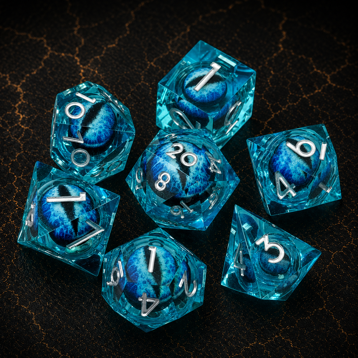 Set de dés en résine bleue pour jeux de rôle, Œil de Dragon bleu