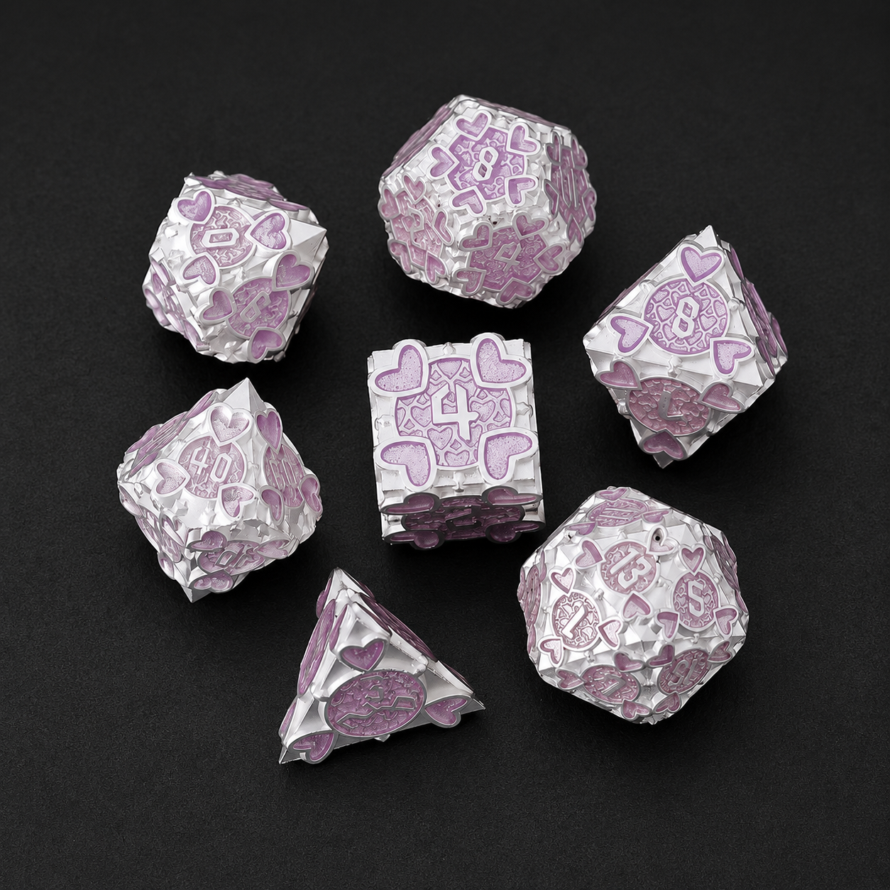Set de dés de JDR, Coeur rose et argent