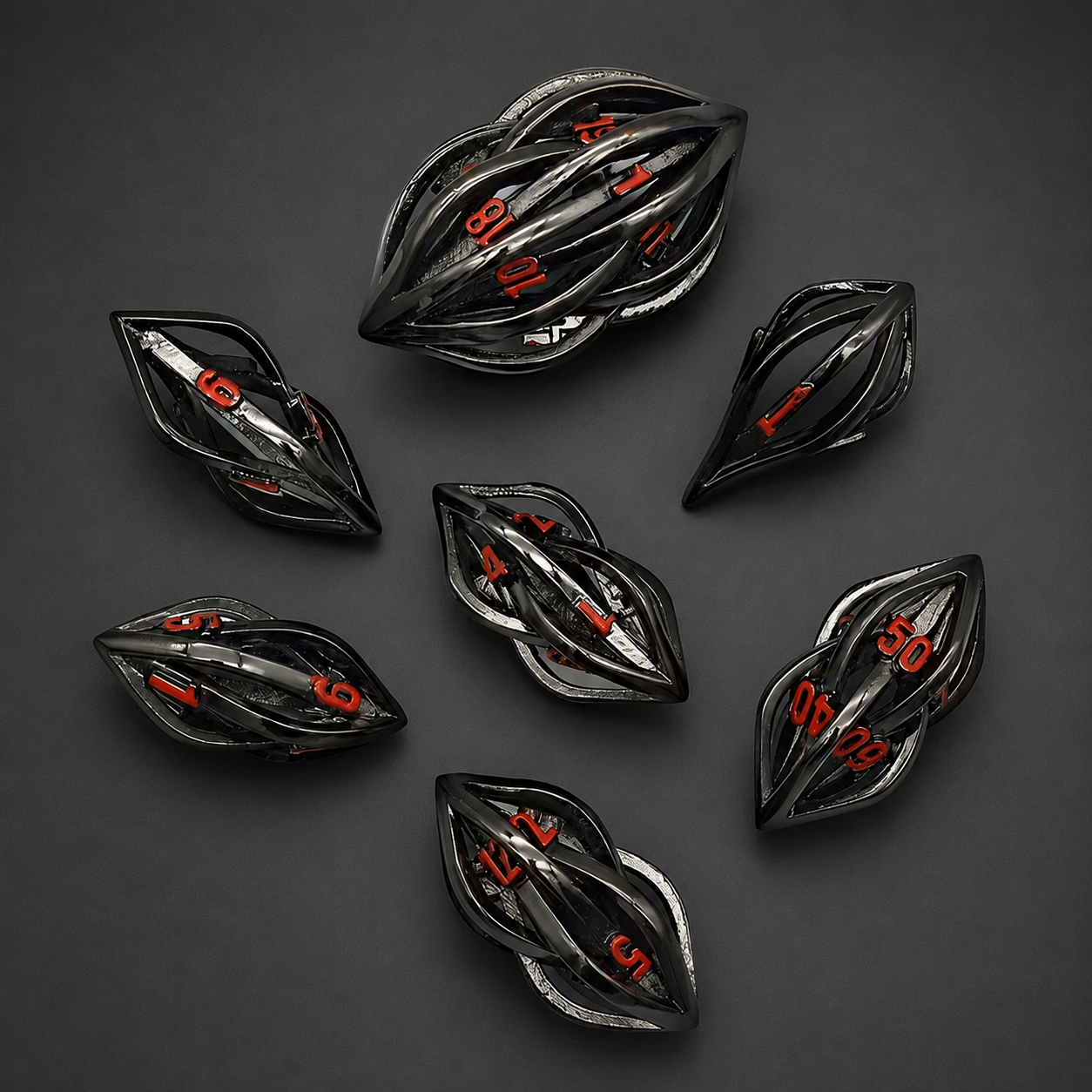 Ensemble de dés de JDR en métal noir, Ombre Obsidiennes