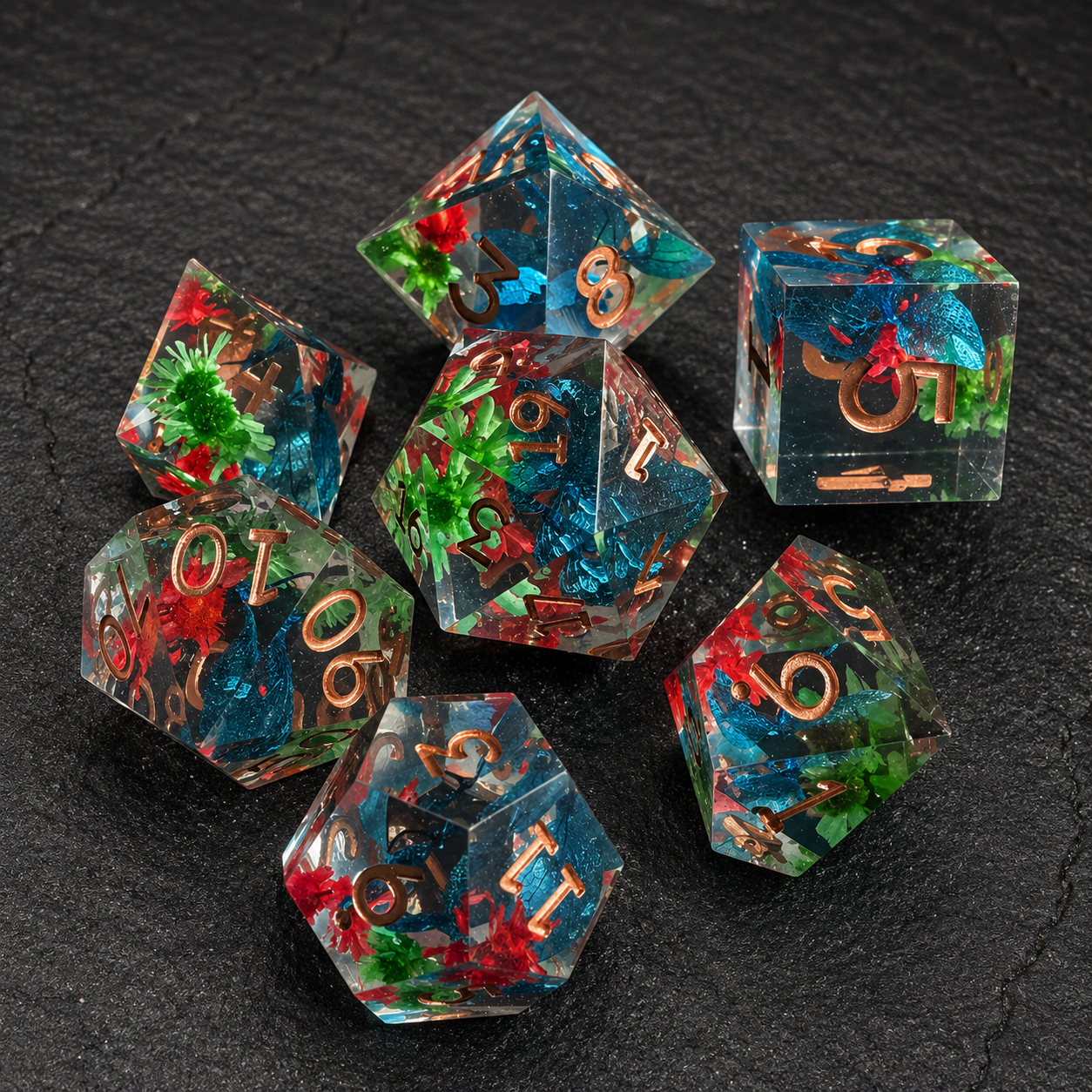 Set de dés JDR en résine fleurs