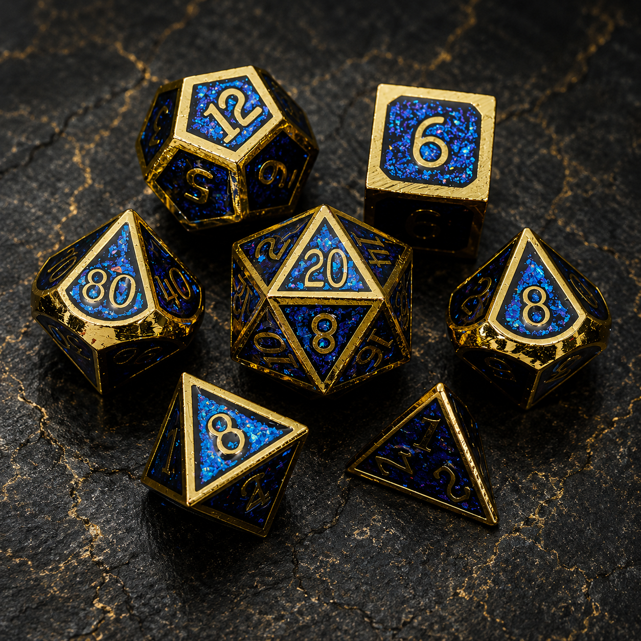 Set de dés RPG en métal doré et bleu royal