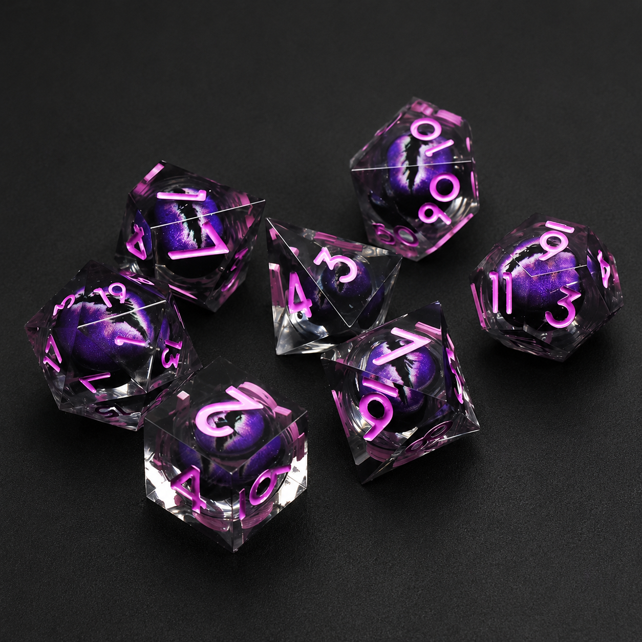 Set de dés JDR , Oeil de dragon violet, liquide bille