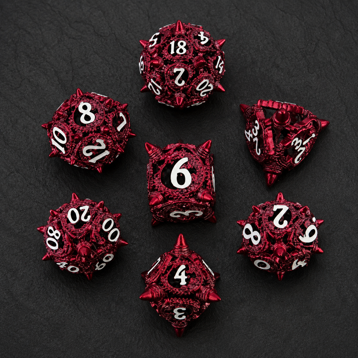 Set de dés de JDR métalliques épineux rouge