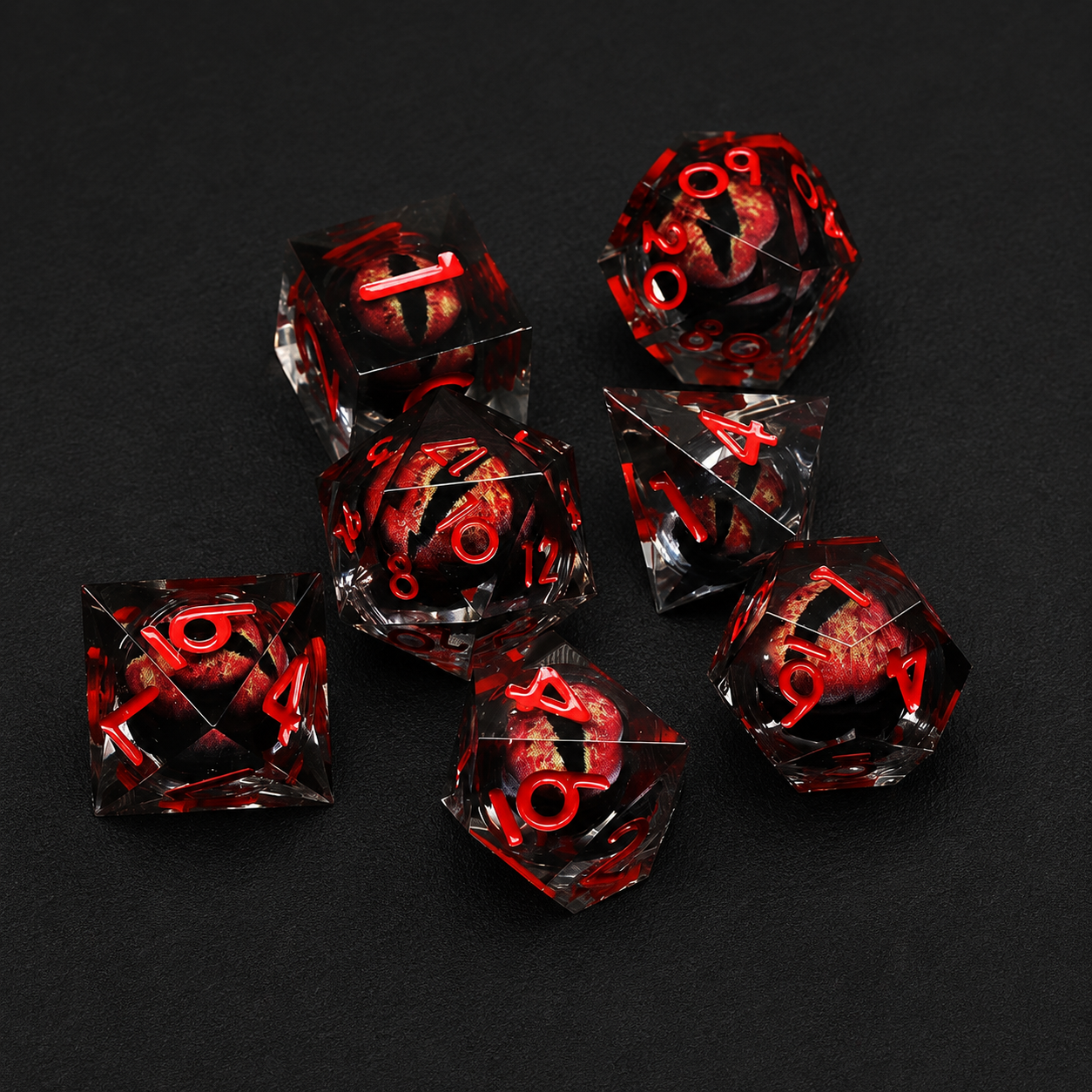 Set de dés JDR, Oeil de dragon rouge liquide bille