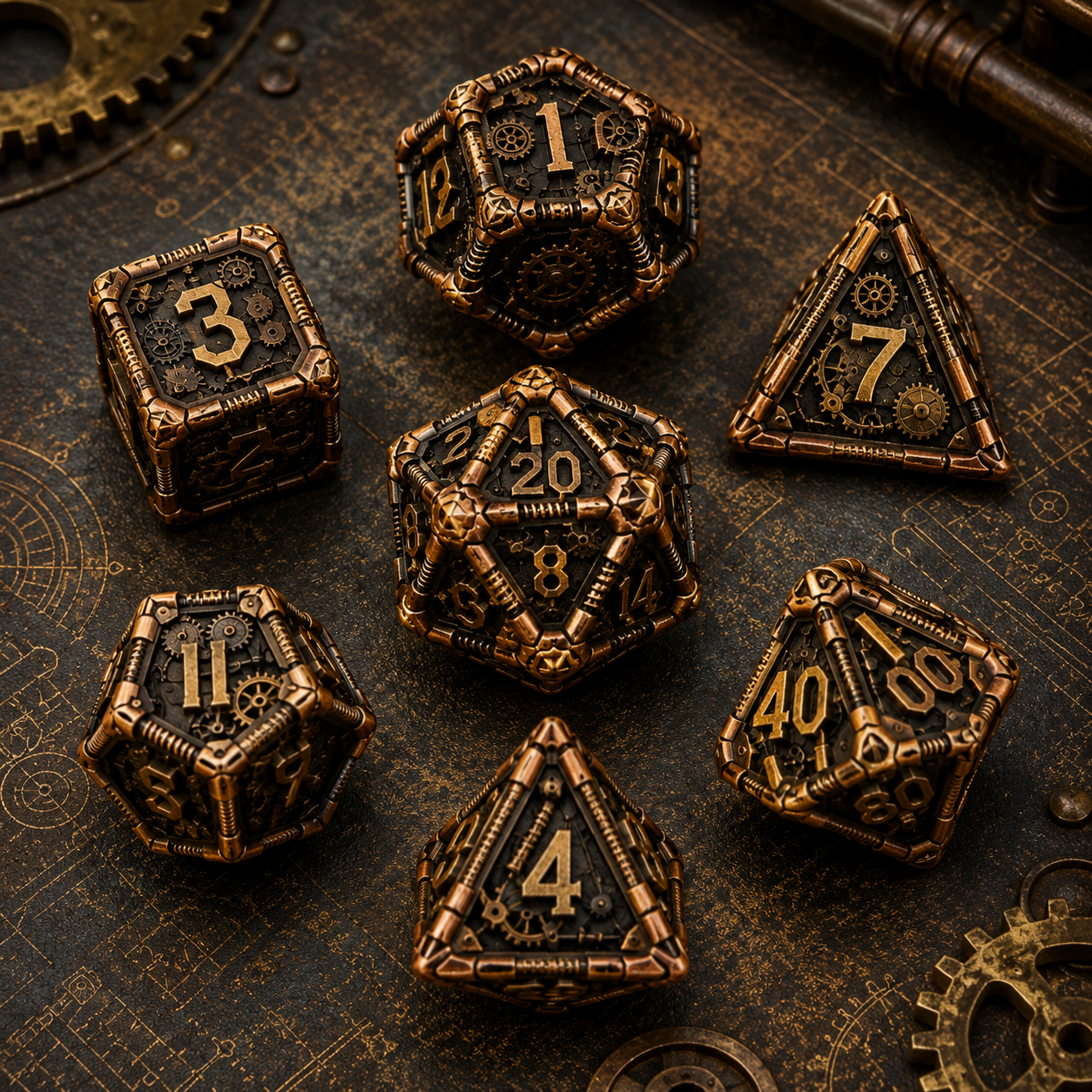 Set de dés steampunk, engrenage en métal plein