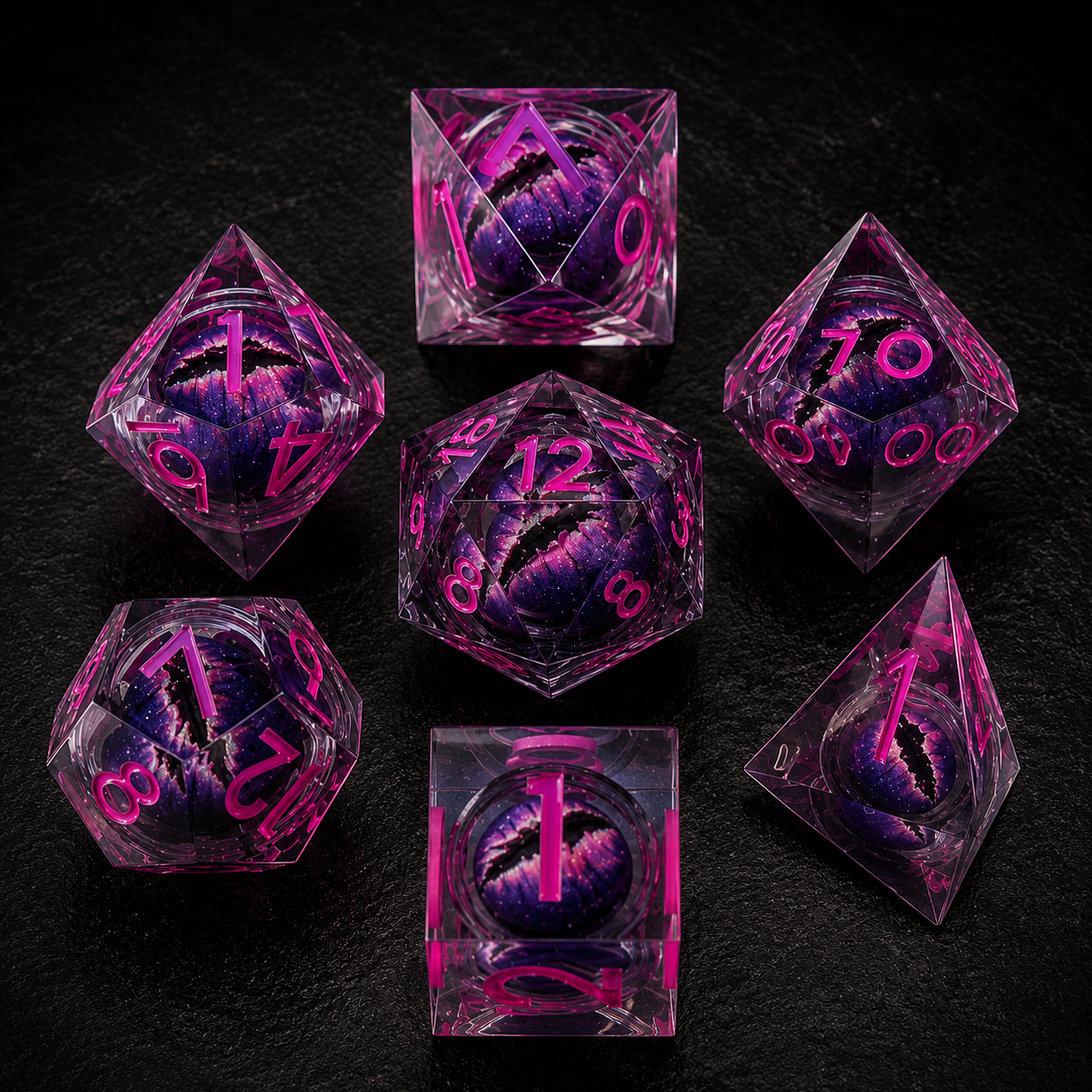 Set de dés JDR, Oeil de dragon rose, liquide bille