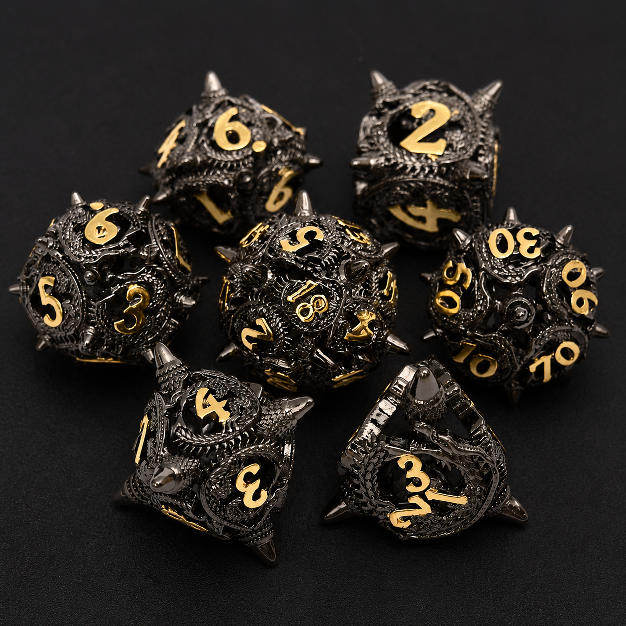 Set de dés de JDR métalliques fantasy pique de dragon