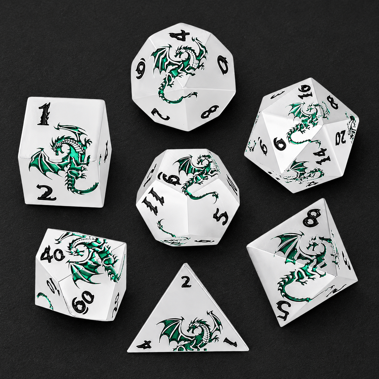 Set de dés Dragon vert en métal plein, lourd
