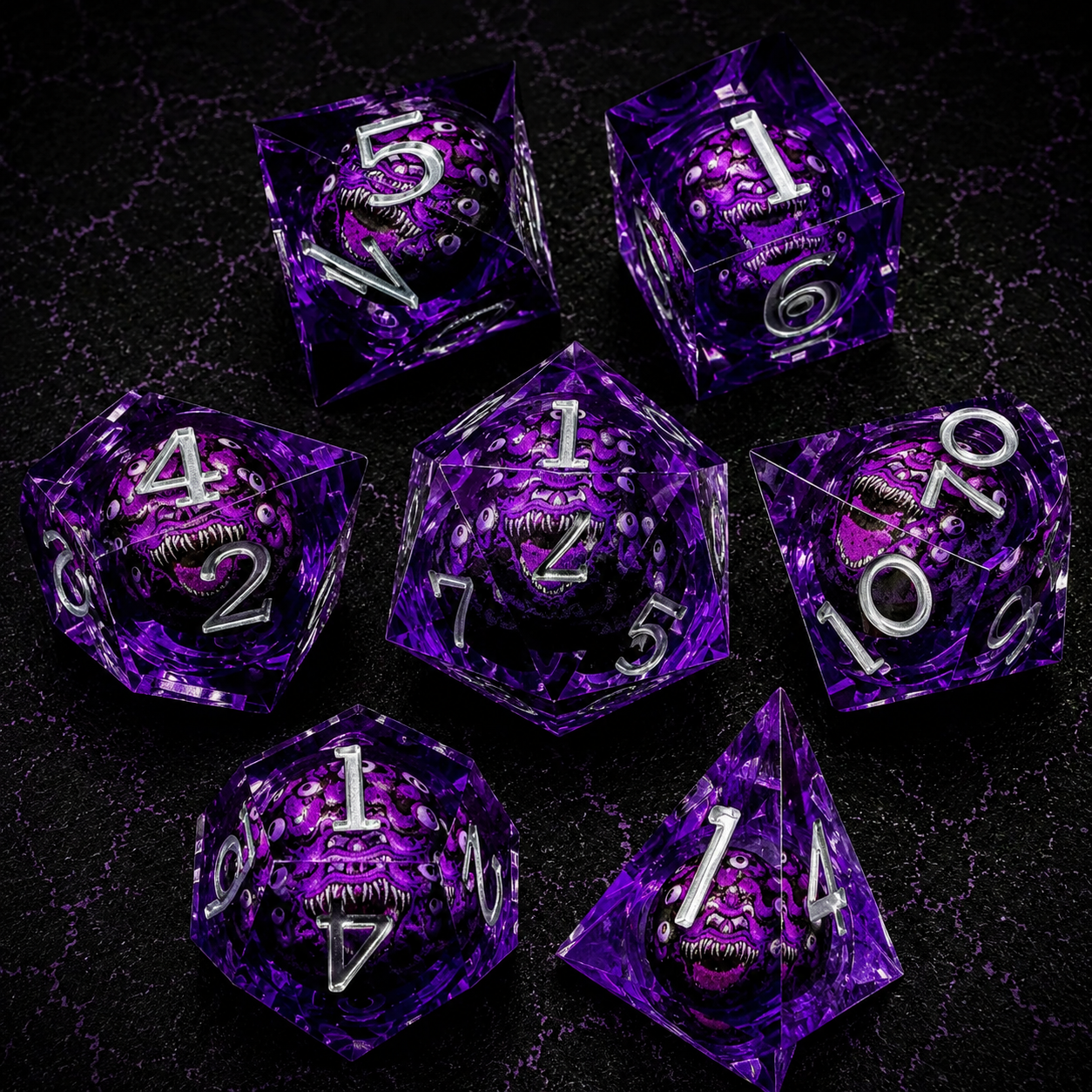 Set de dés JDR, Tyranoeil violets, Liquide bille