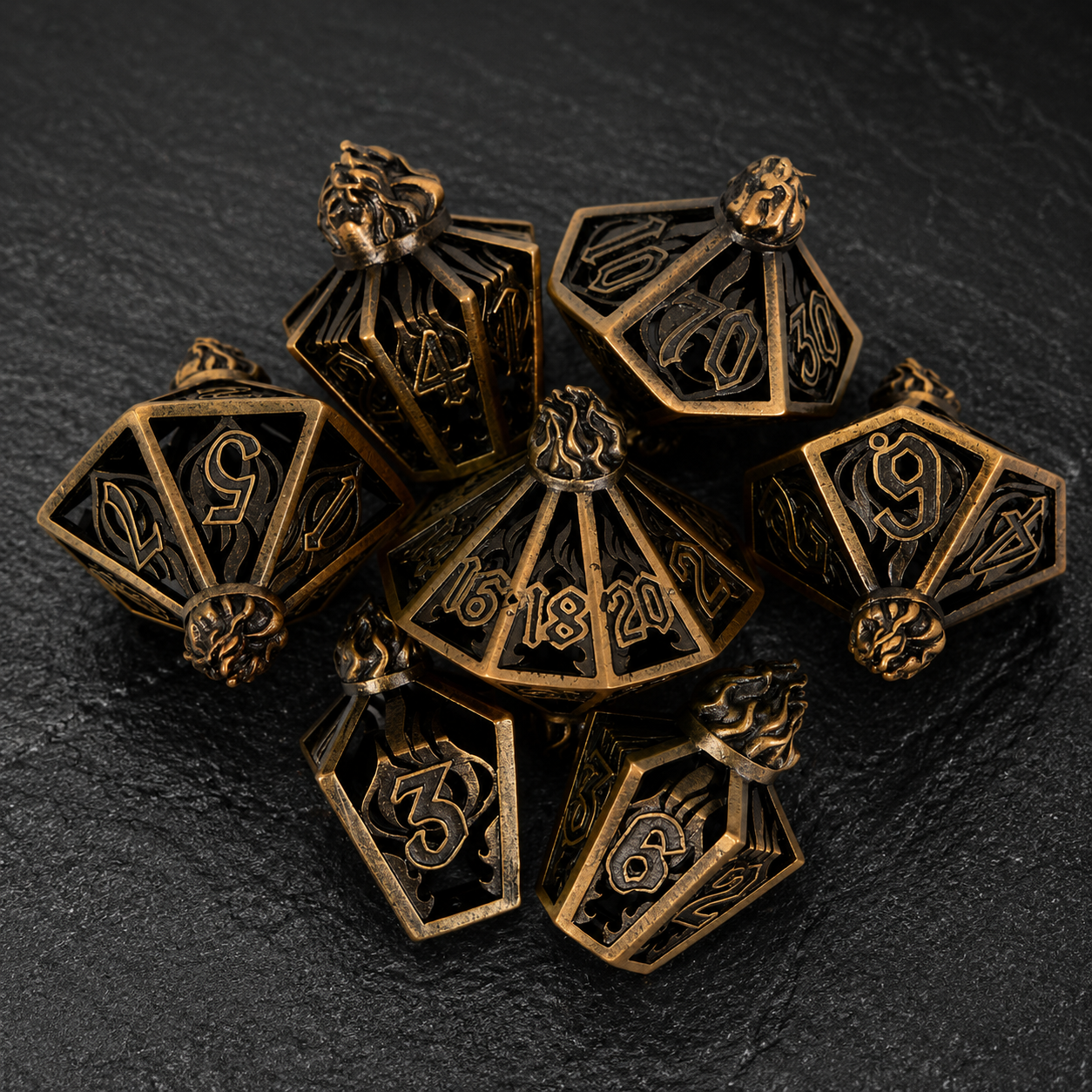 Set de dés en métal antique, JDR Torche