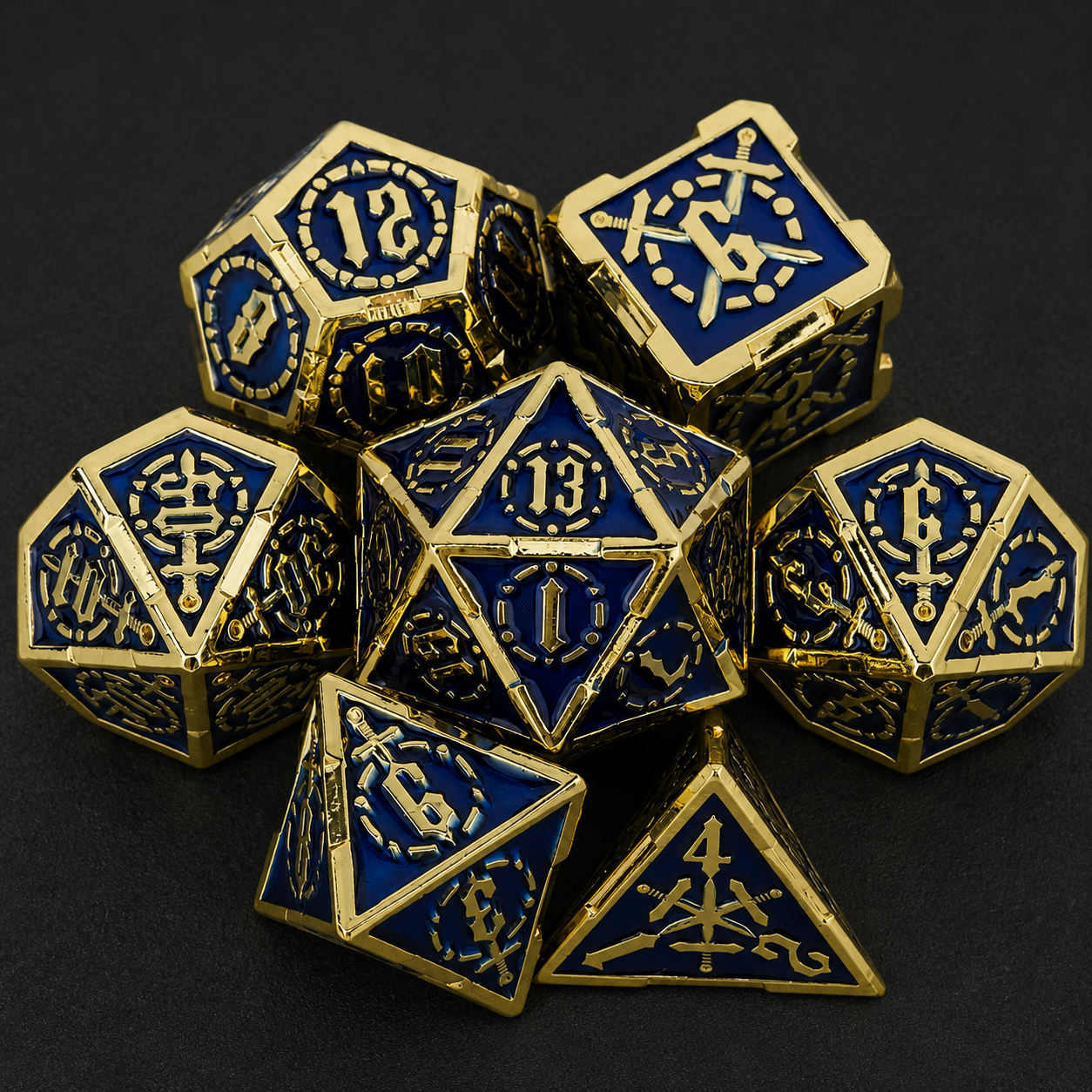Set de dés de JDR métalliques dorés et bleus, Style Royal