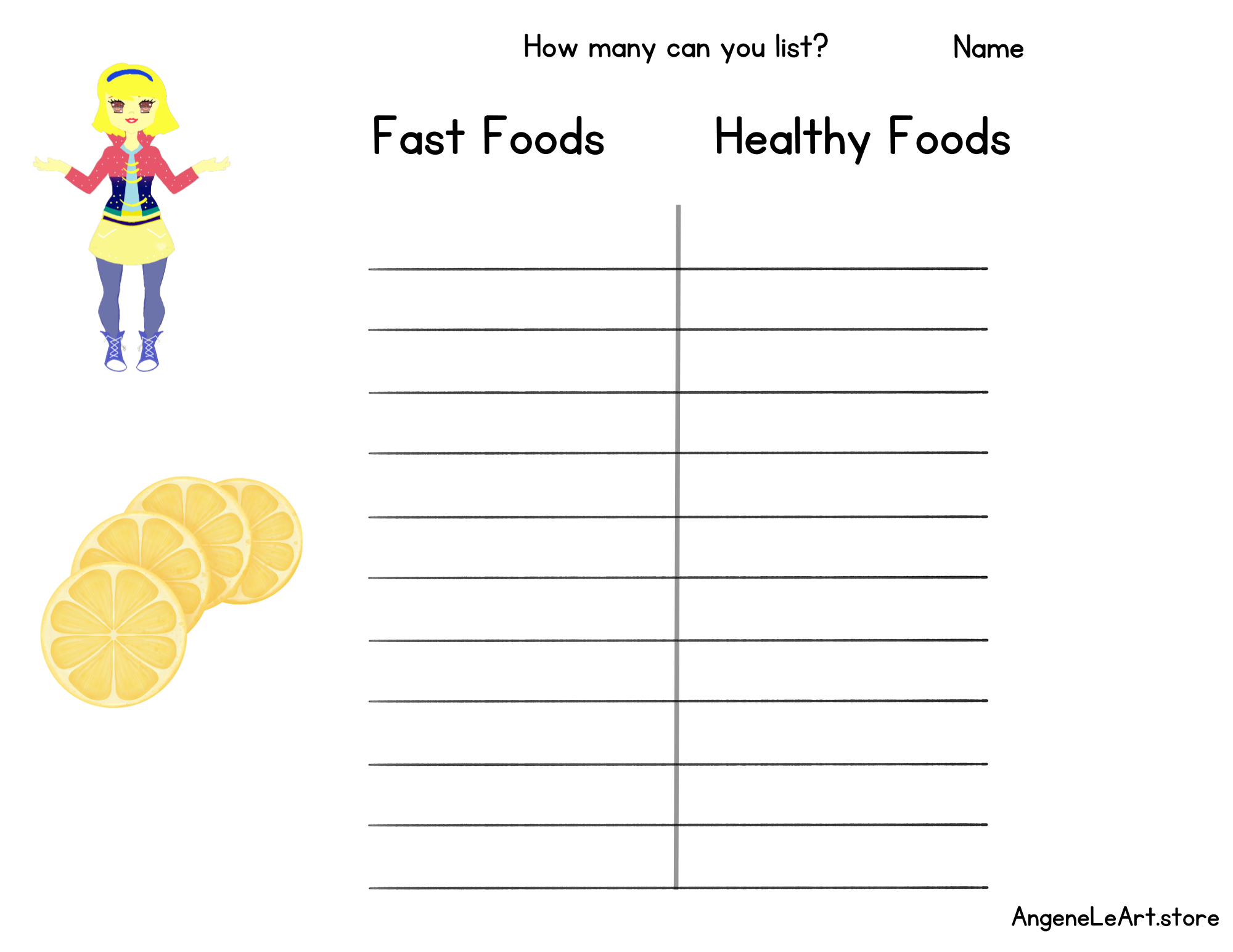 Lemonessa Fast Foods vs Healthy Foods Worksheet