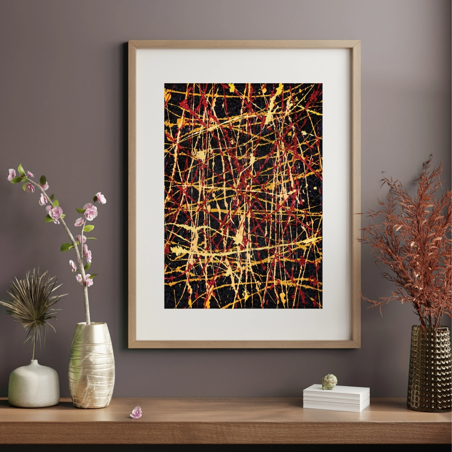 Pollock Inspired Splatter Art | Red Yellow Drip Print 