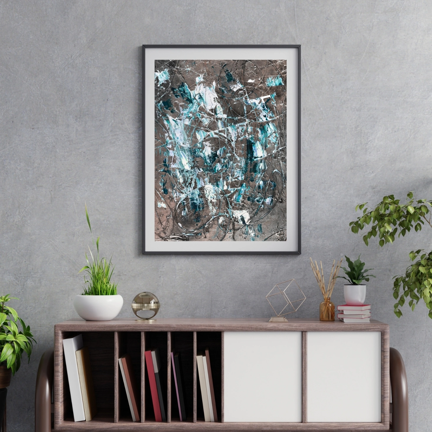 Teal Silver Ocean Wall Art | Textured Abstract Digital Print
