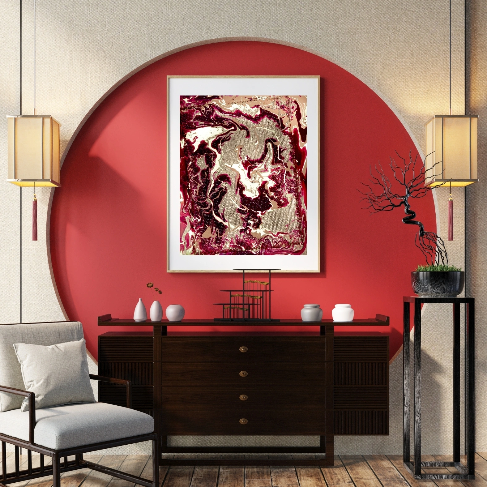 Burgundy Gold Abstract Print | Metallic Texture Wall Art 