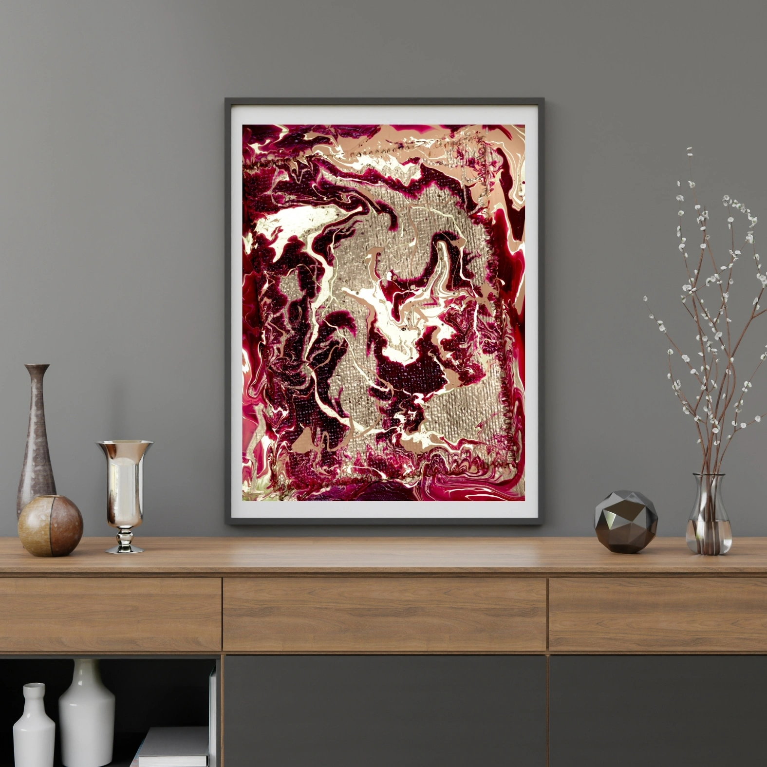 Burgundy Gold Abstract Print | Metallic Texture Wall Art 