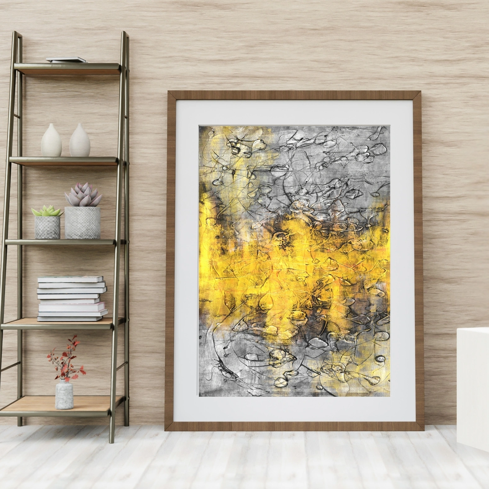 Metallic Yellow Silver Wall Art | Textured Abstract Digital Print