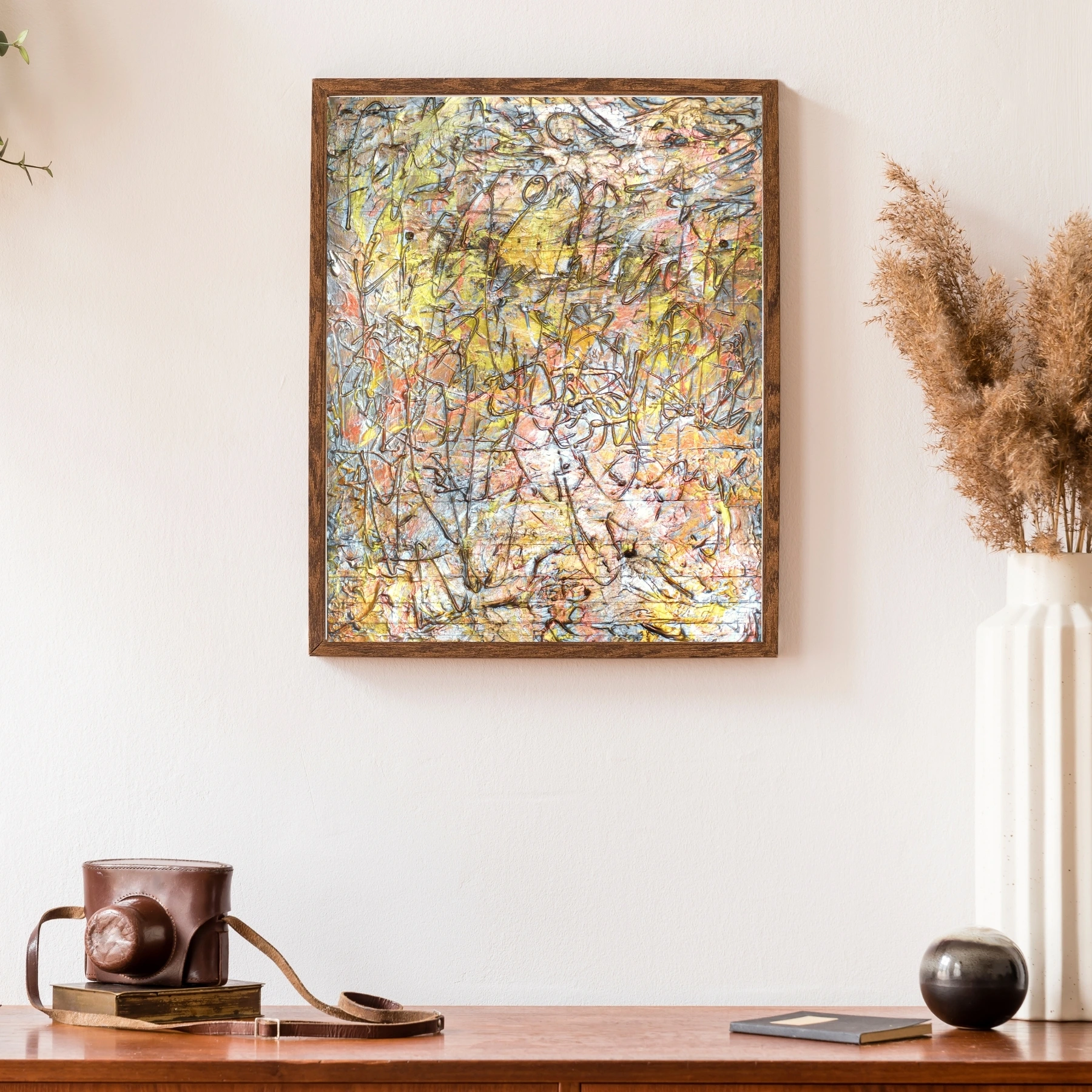 Metallic Golden Abstract Wall Art | Warm Yellow Copper Decor