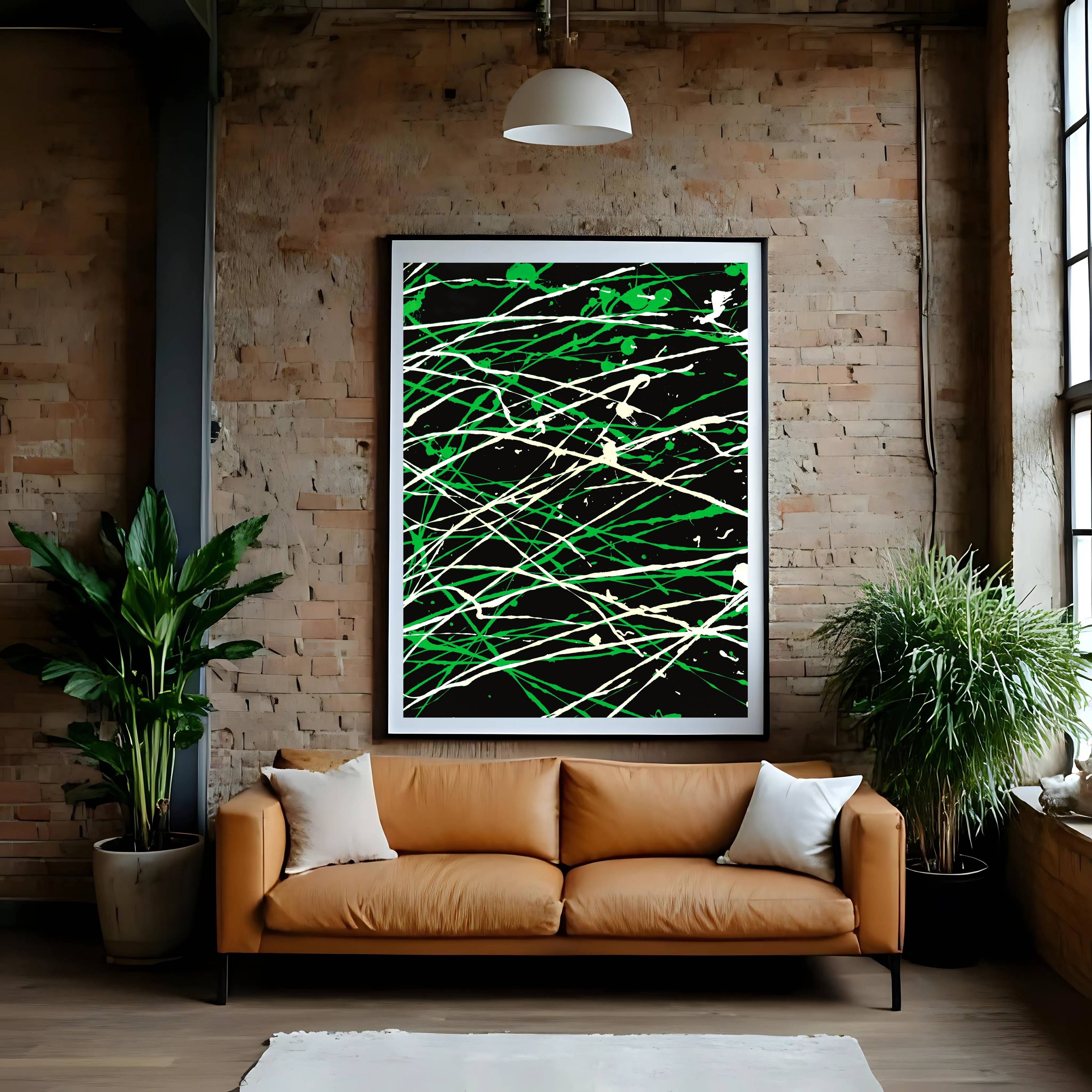 Green Black White Drip Art | Modern Splatter Wall Decor