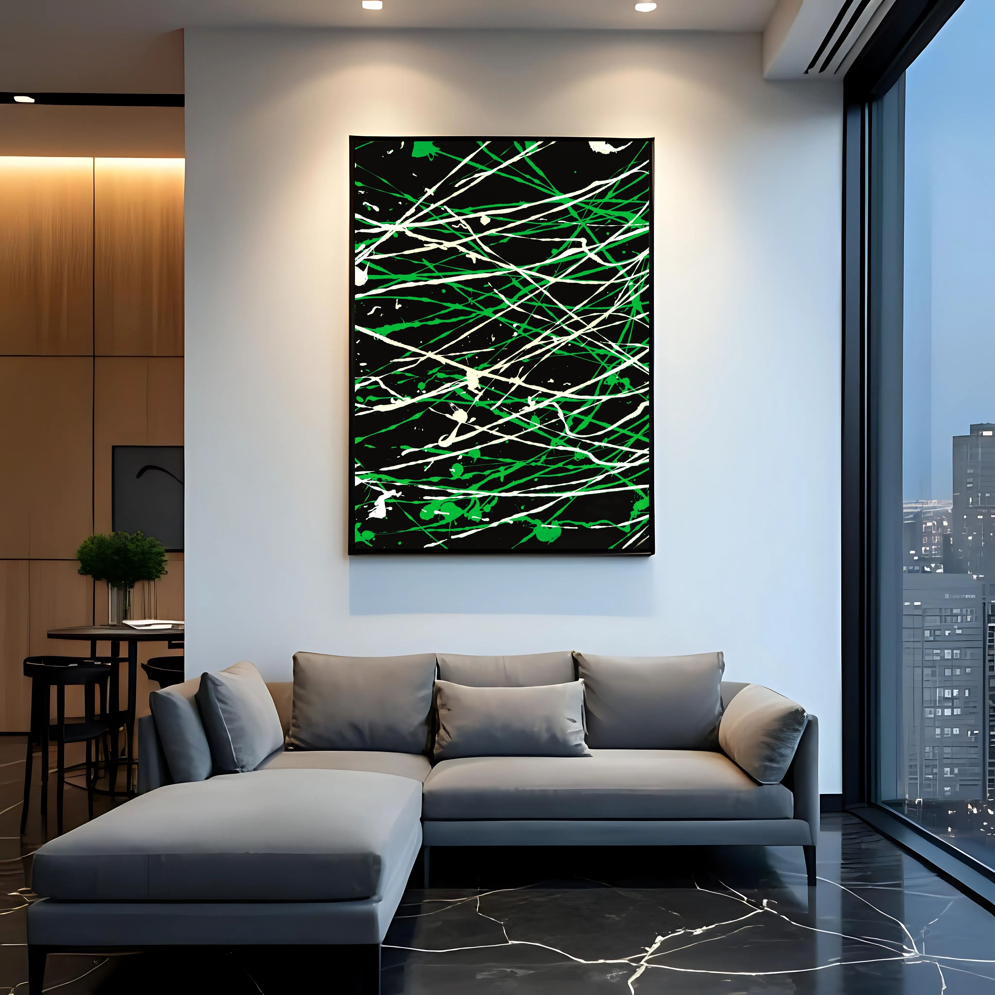 Green Black White Drip Art | Modern Splatter Wall Decor