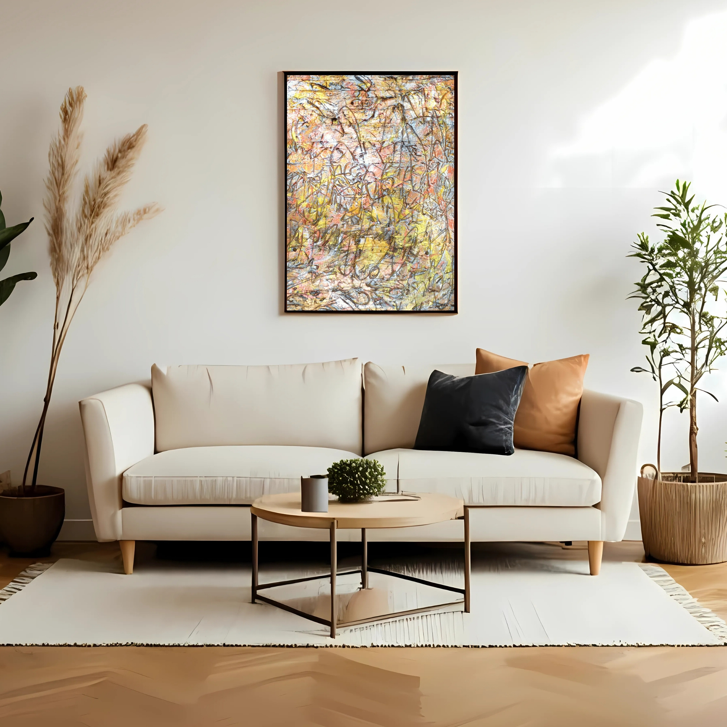 Metallic Golden Abstract Wall Art | Warm Yellow Copper Decor