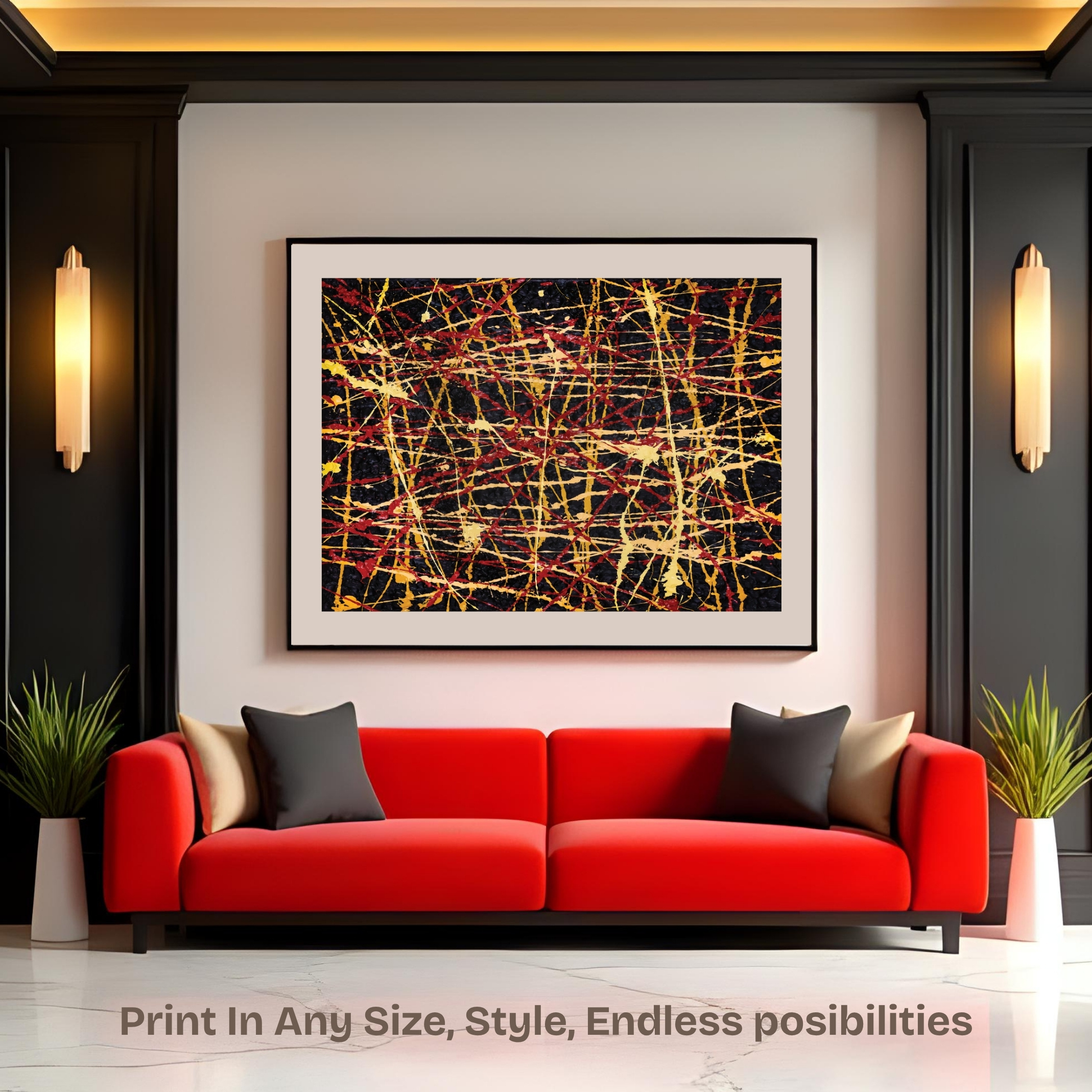Pollock Inspired Splatter Art | Red Yellow Drip Print 