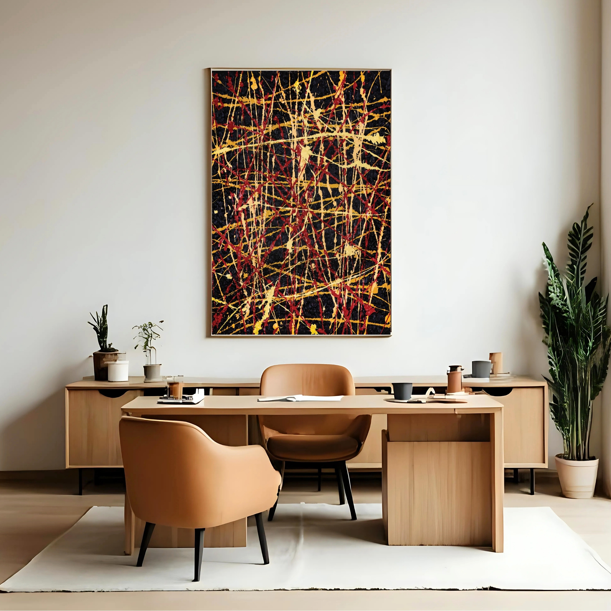 Pollock Inspired Splatter Art | Red Yellow Drip Print 