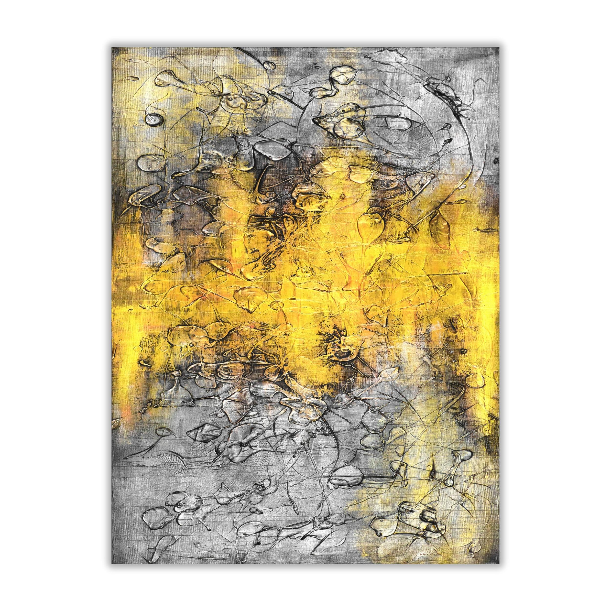 Metallic Yellow Silver Wall Art | Textured Abstract Digital Print