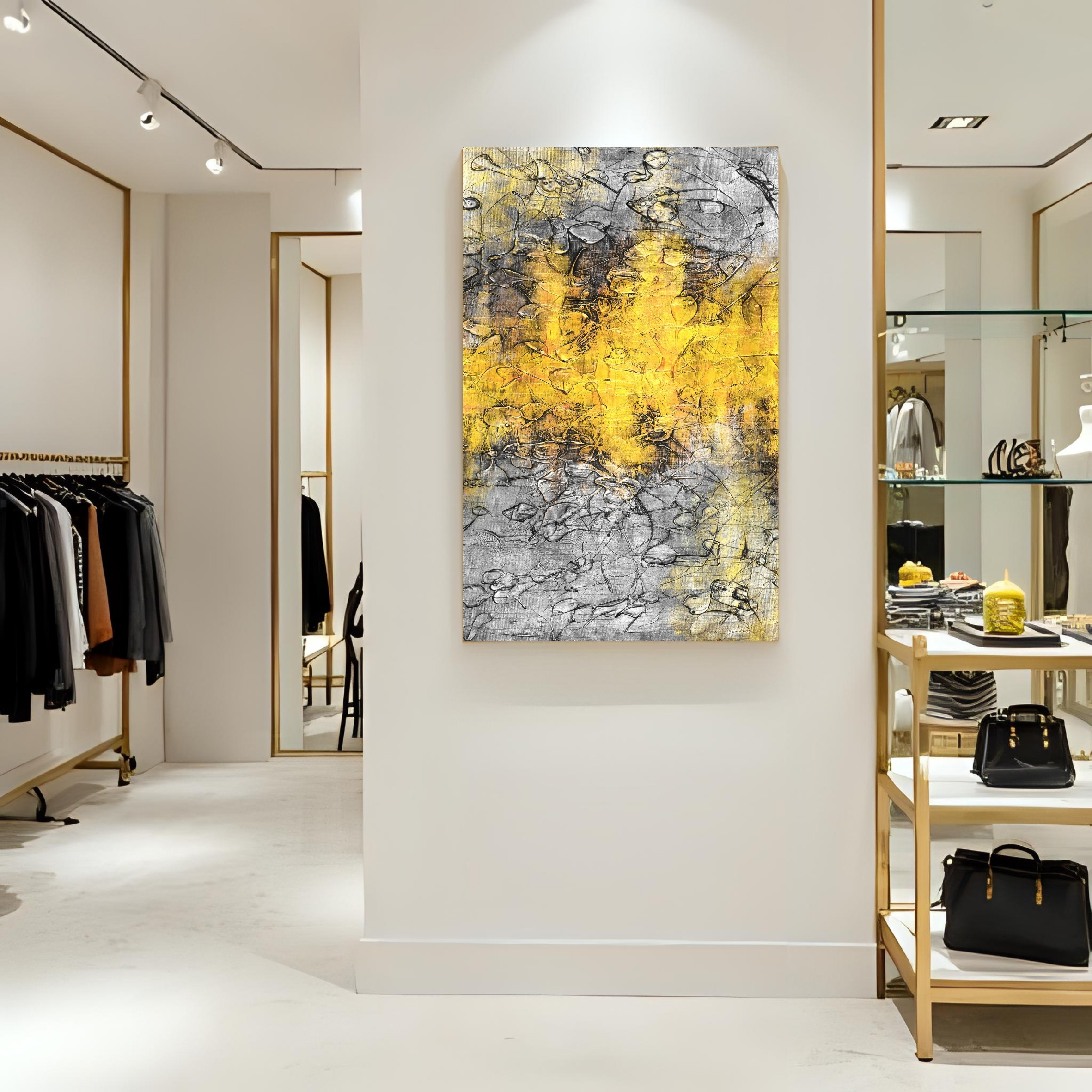 Metallic Yellow Silver Wall Art | Textured Abstract Digital Print