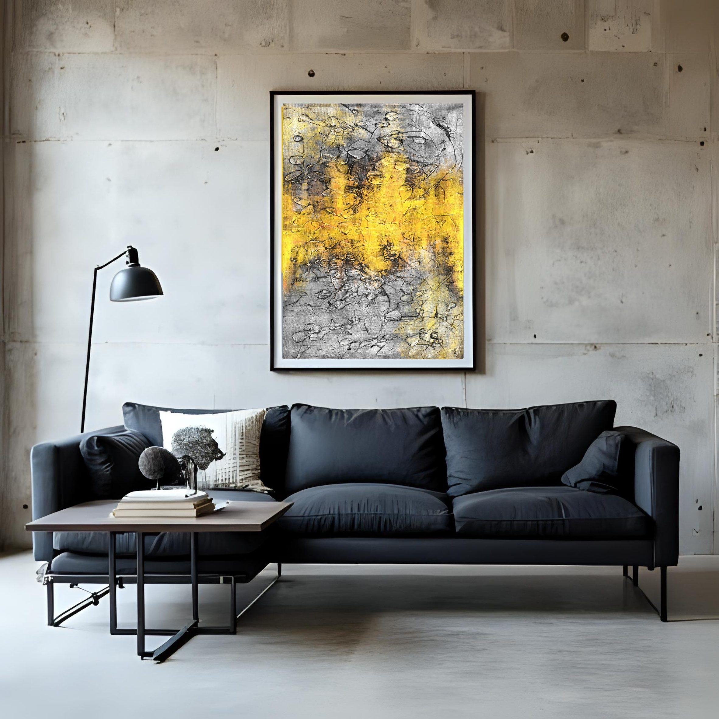 Metallic Yellow Silver Wall Art | Textured Abstract Digital Print