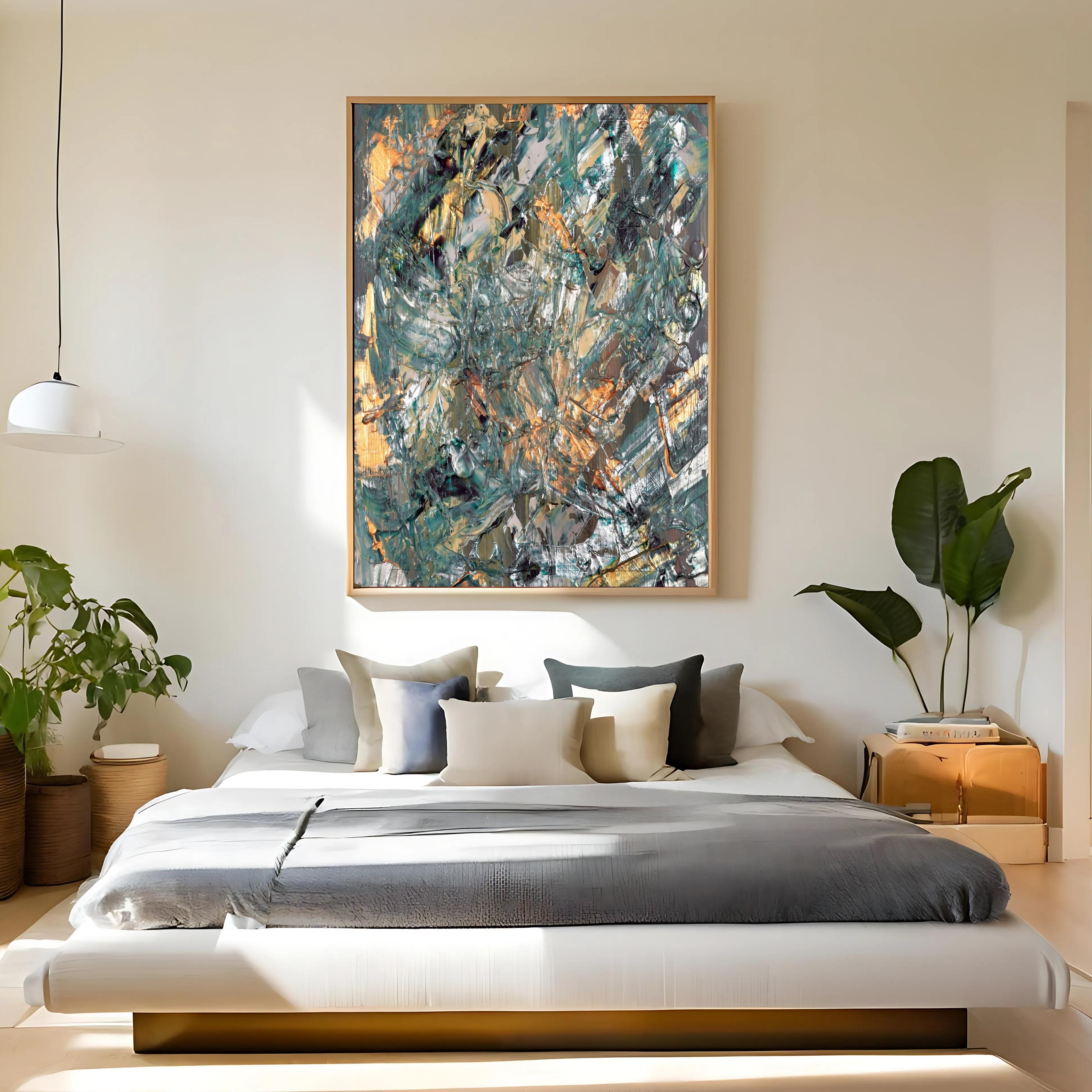 Metallic Copper Blue Abstract Art | Deep Textured Digital Wall Print