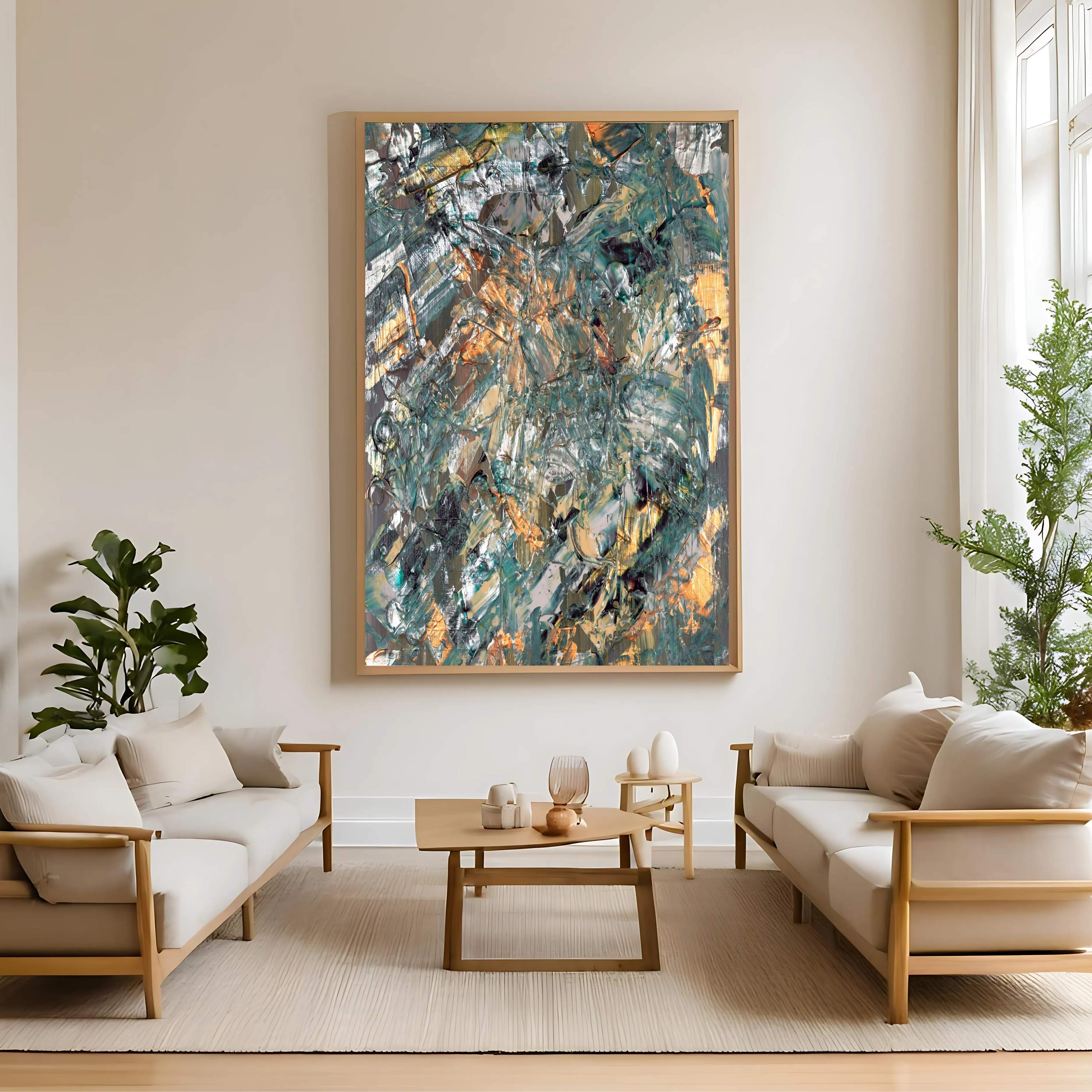 Metallic Copper Blue Abstract Art | Deep Textured Digital Wall Print