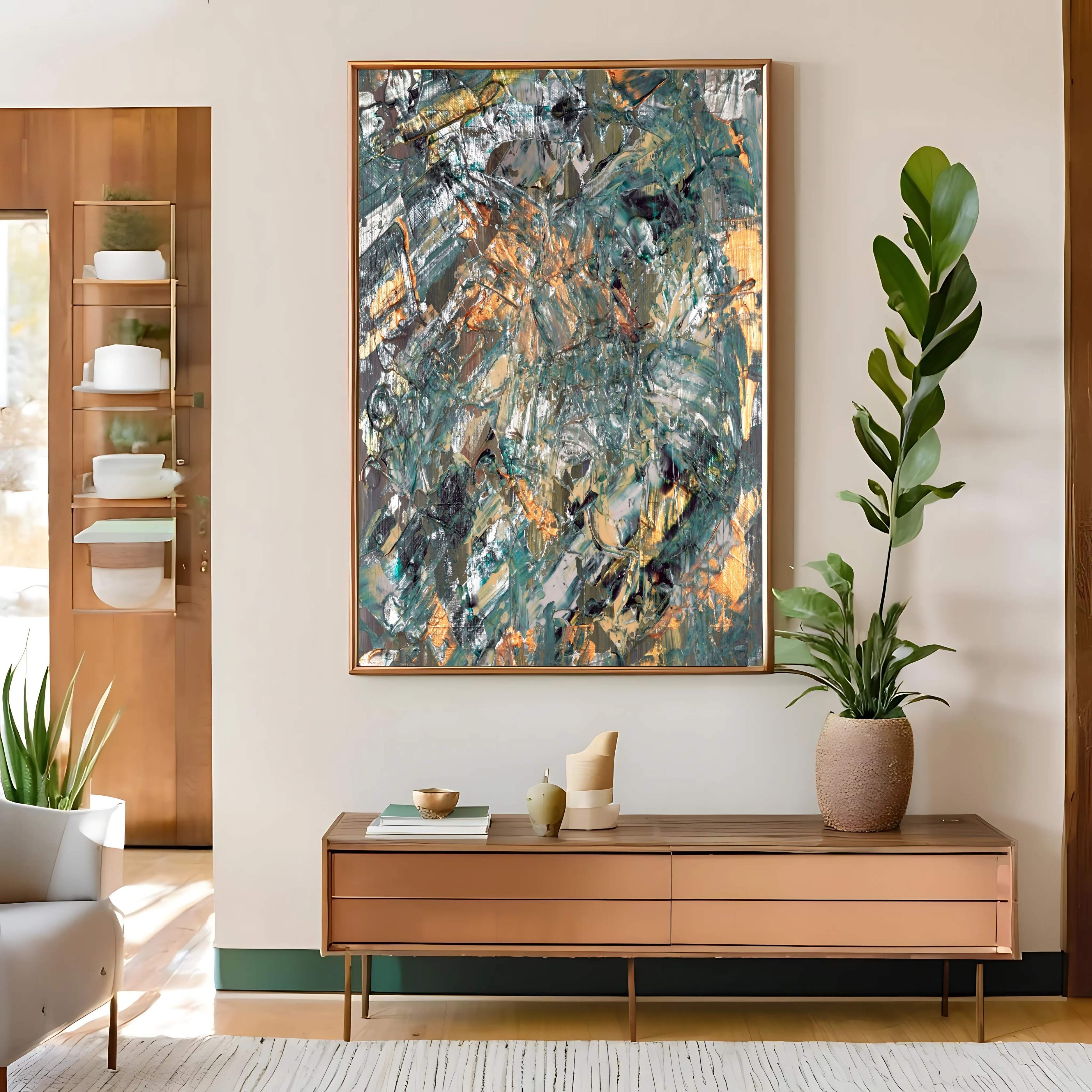 Metallic Copper Blue Abstract Art | Deep Textured Digital Wall Print